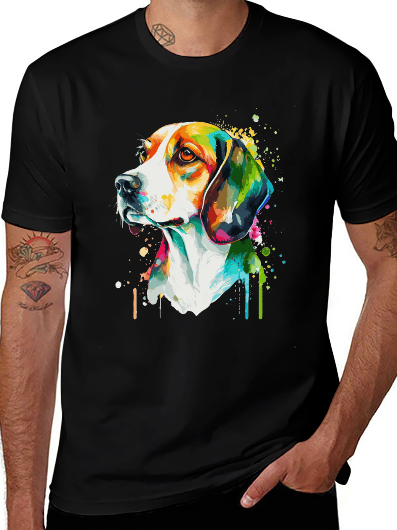 Camiseta Negra con Diseño de Perro Acuarela