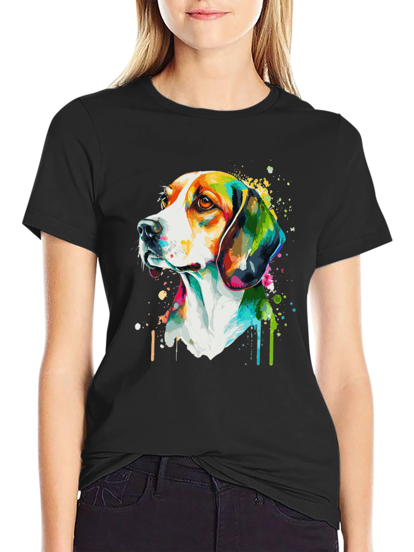 Camiseta Negra con Diseño de Perro Acuarela