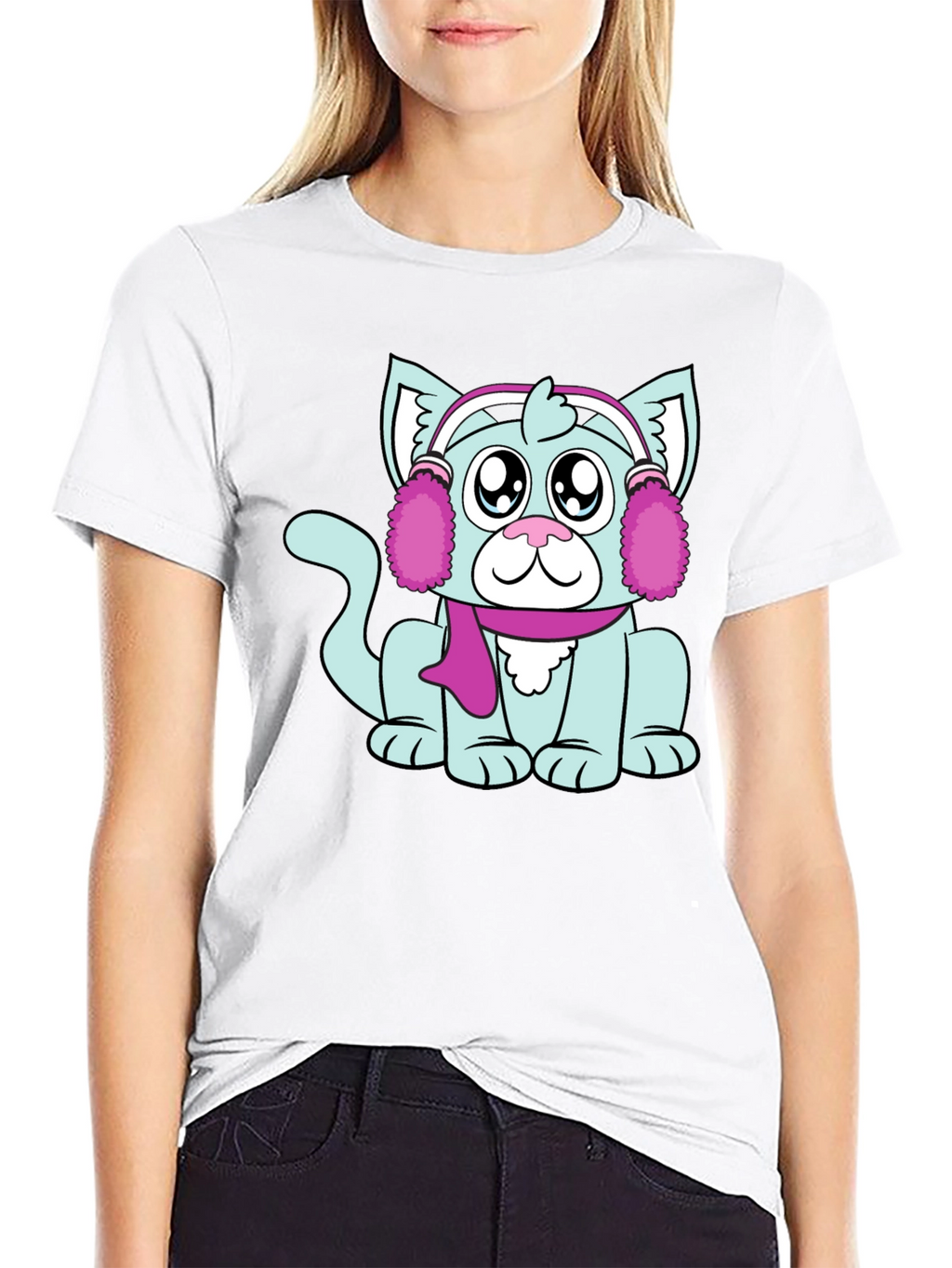 Camiseta Negra con Adorable Gato Invernal