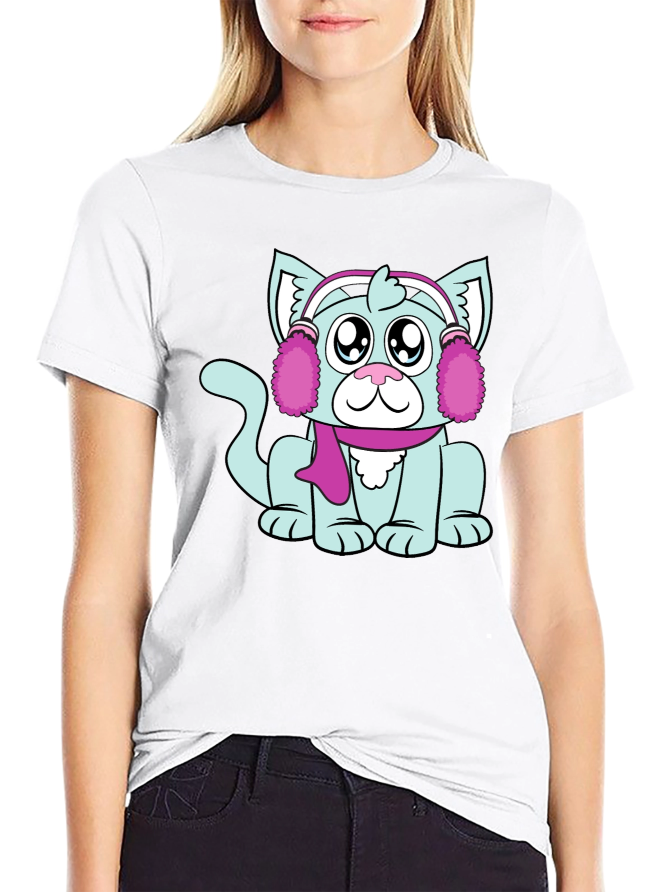 Camiseta Negra con Adorable Gato Invernal