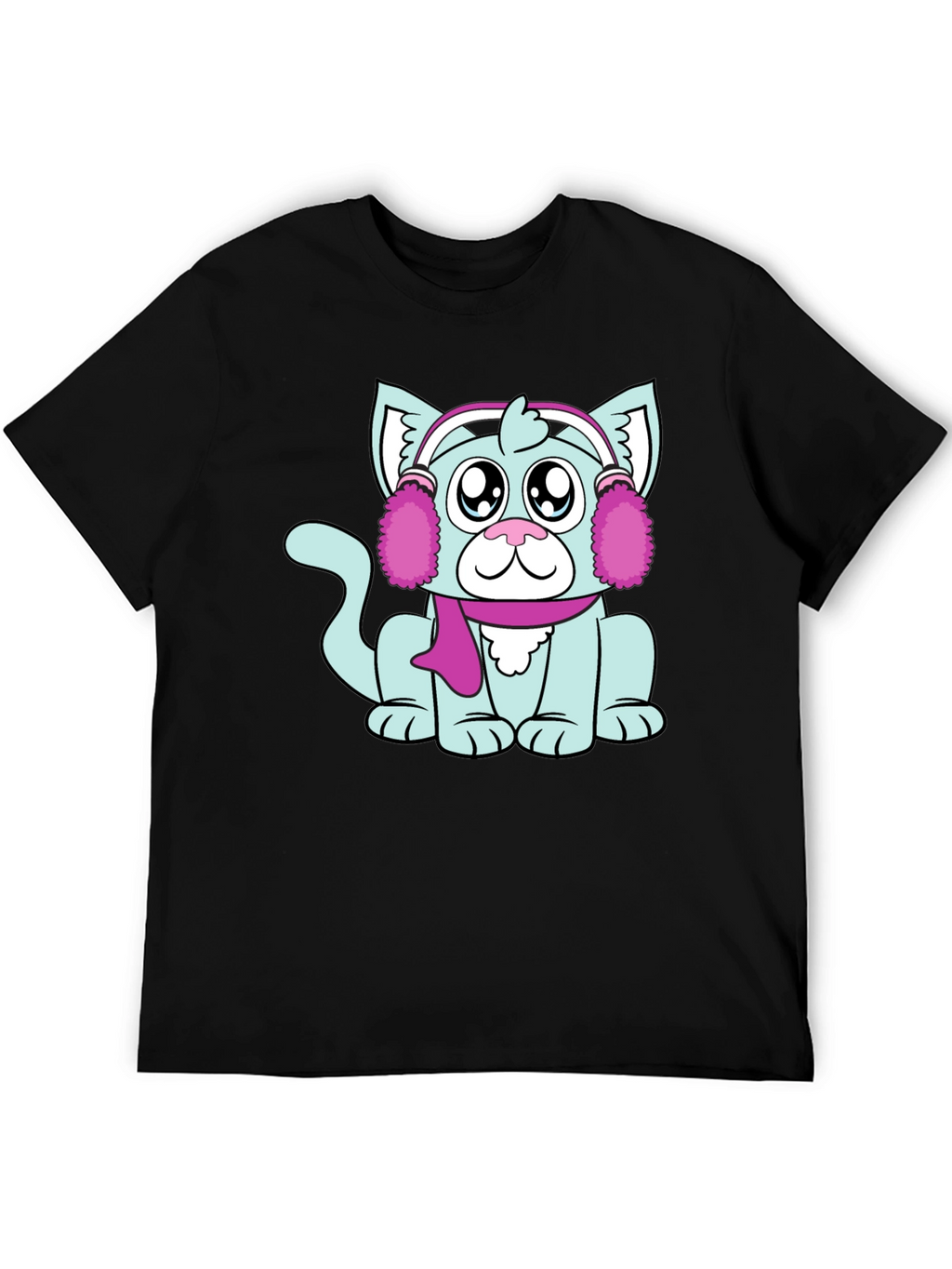 Camiseta Negra con Adorable Gato Invernal