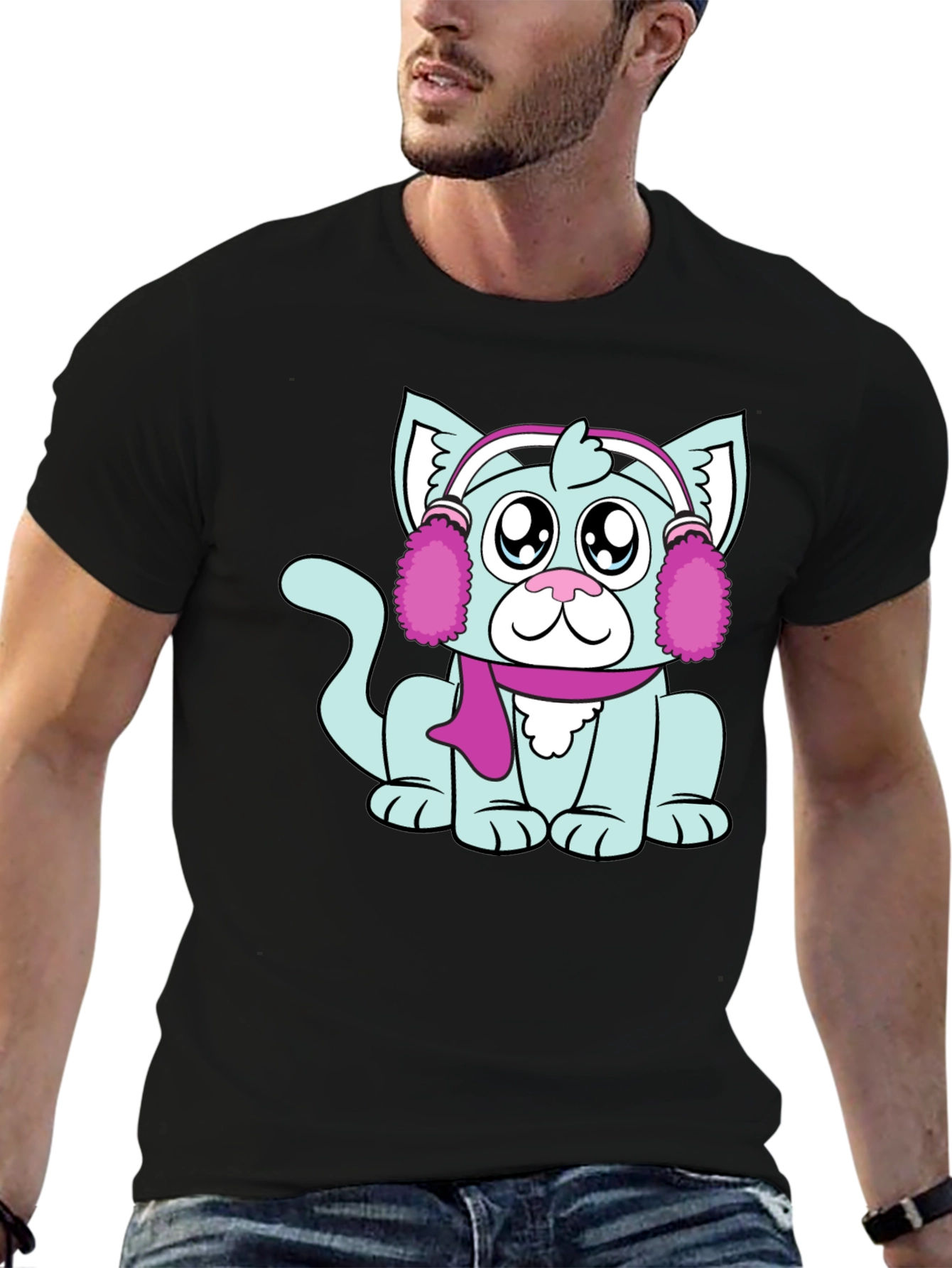 Camiseta Negra con Adorable Gato Invernal