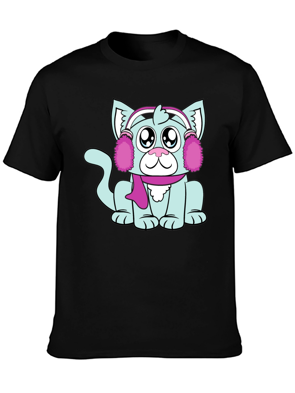 Camiseta Negra con Adorable Gato Invernal