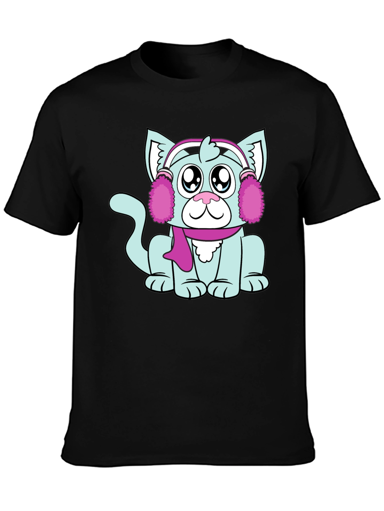 Camiseta Negra con Adorable Gato Invernal
