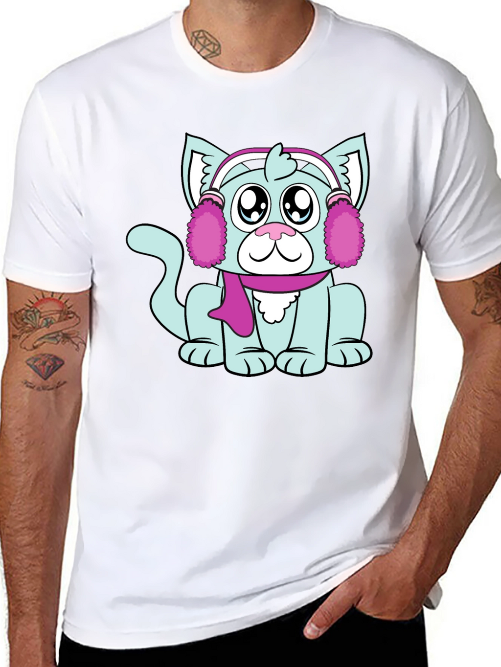 Camiseta Negra con Adorable Gato Invernal