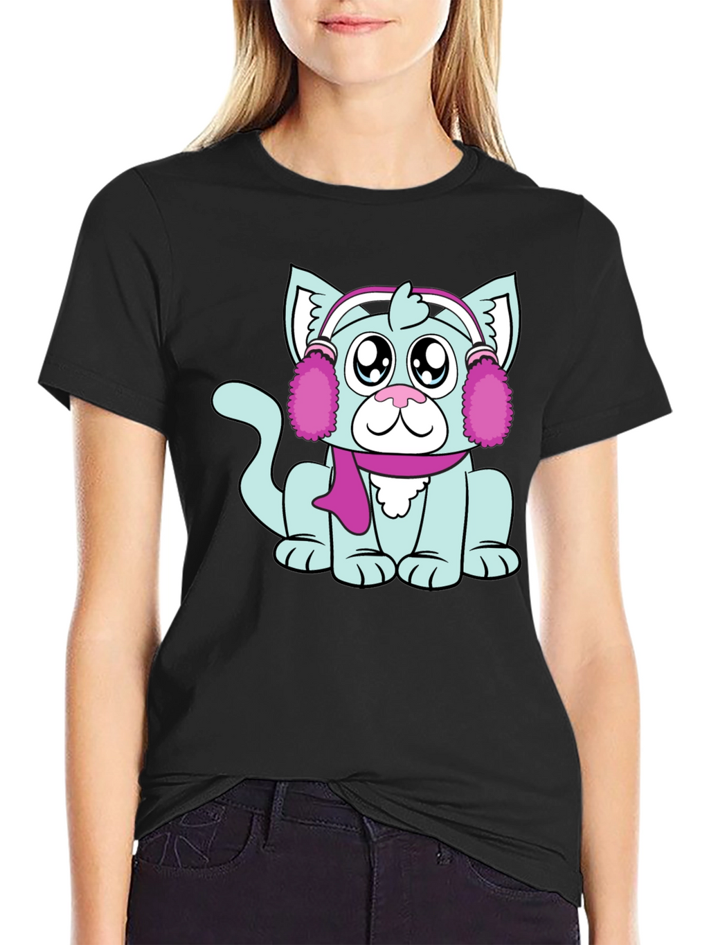 Camiseta Negra con Adorable Gato Invernal