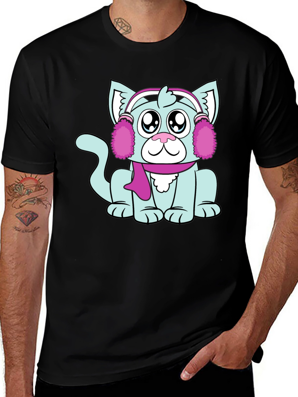 Camiseta Negra con Adorable Gato Invernal