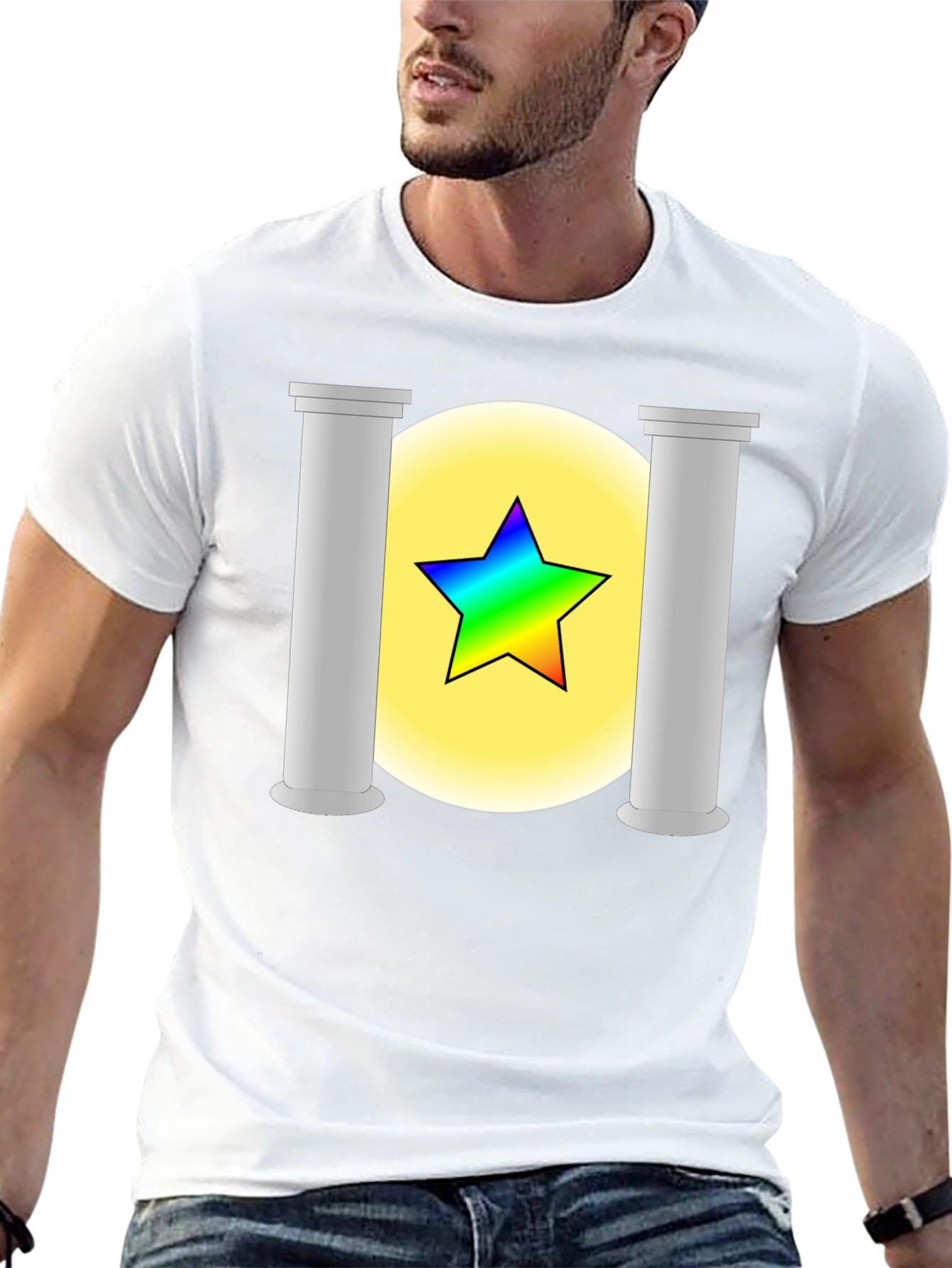 Camiseta Negra con Diseño de Estrella Arcoíris y Pilares