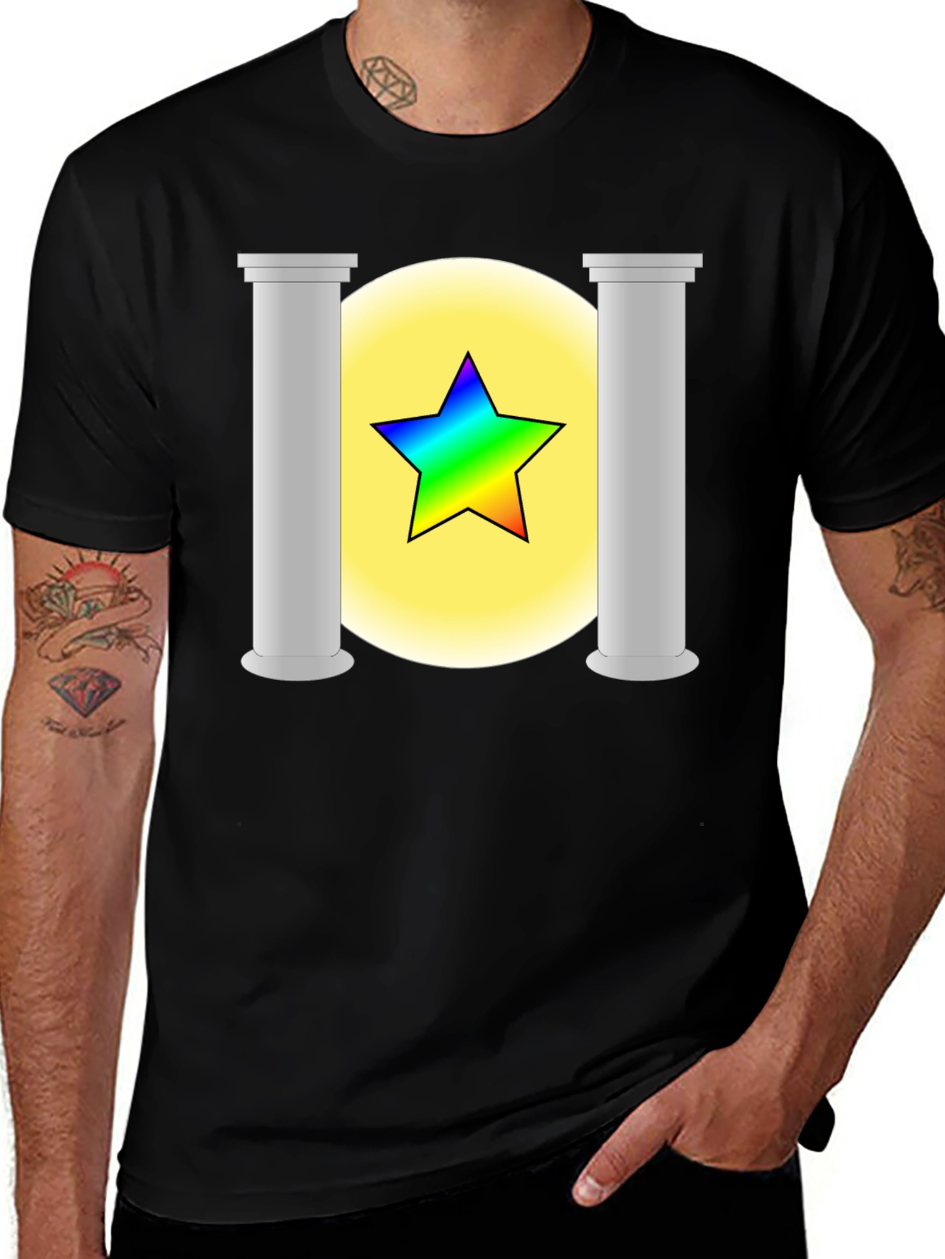 Camiseta Negra con Diseño de Estrella Arcoíris y Pilares