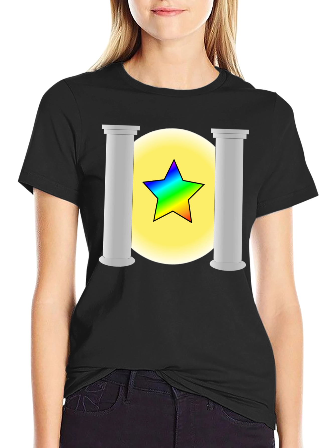 Camiseta Negra con Diseño de Estrella Arcoíris y Pilares
