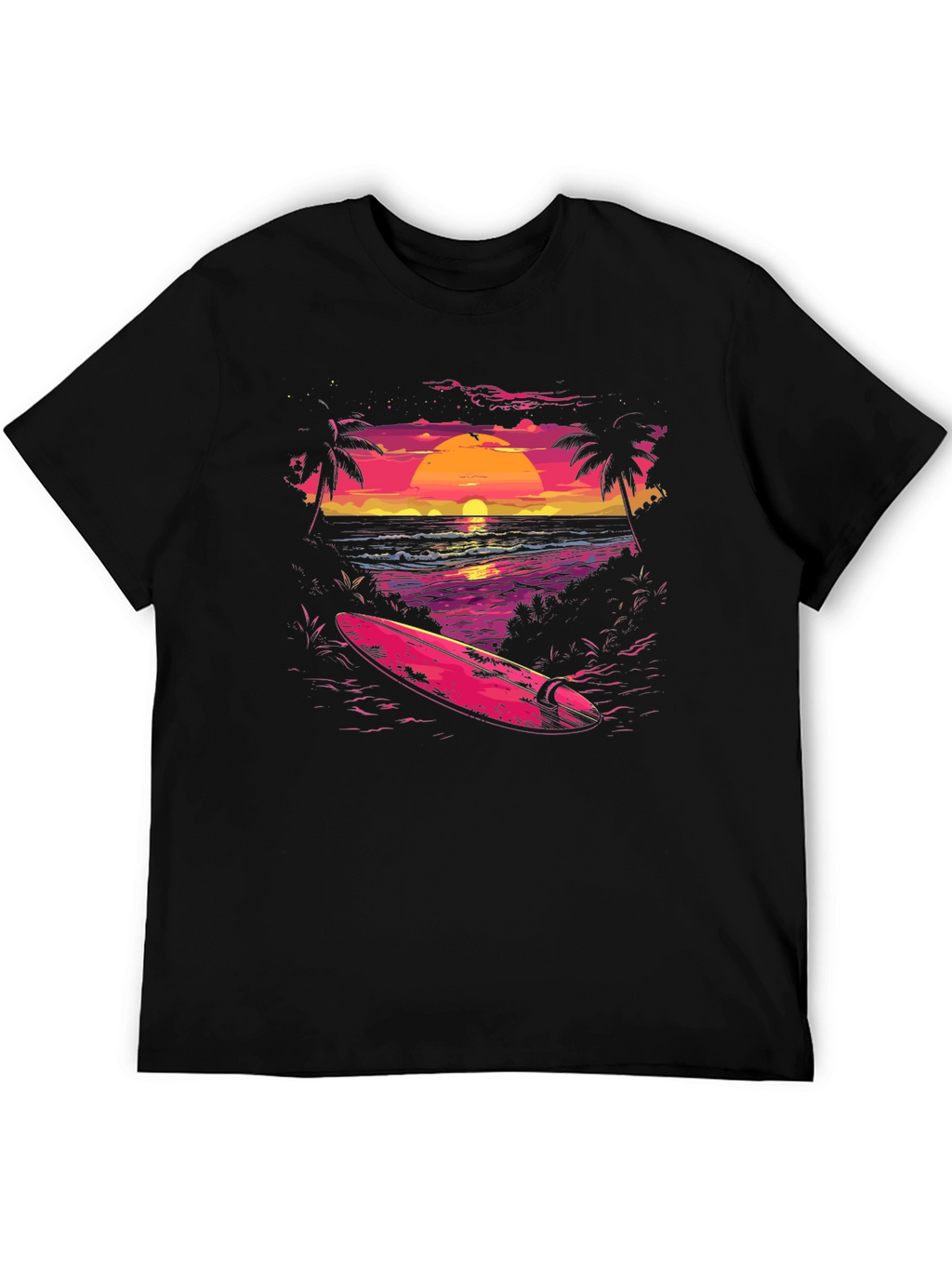 Camiseta Negra con Diseño de Atardecer Surfista
