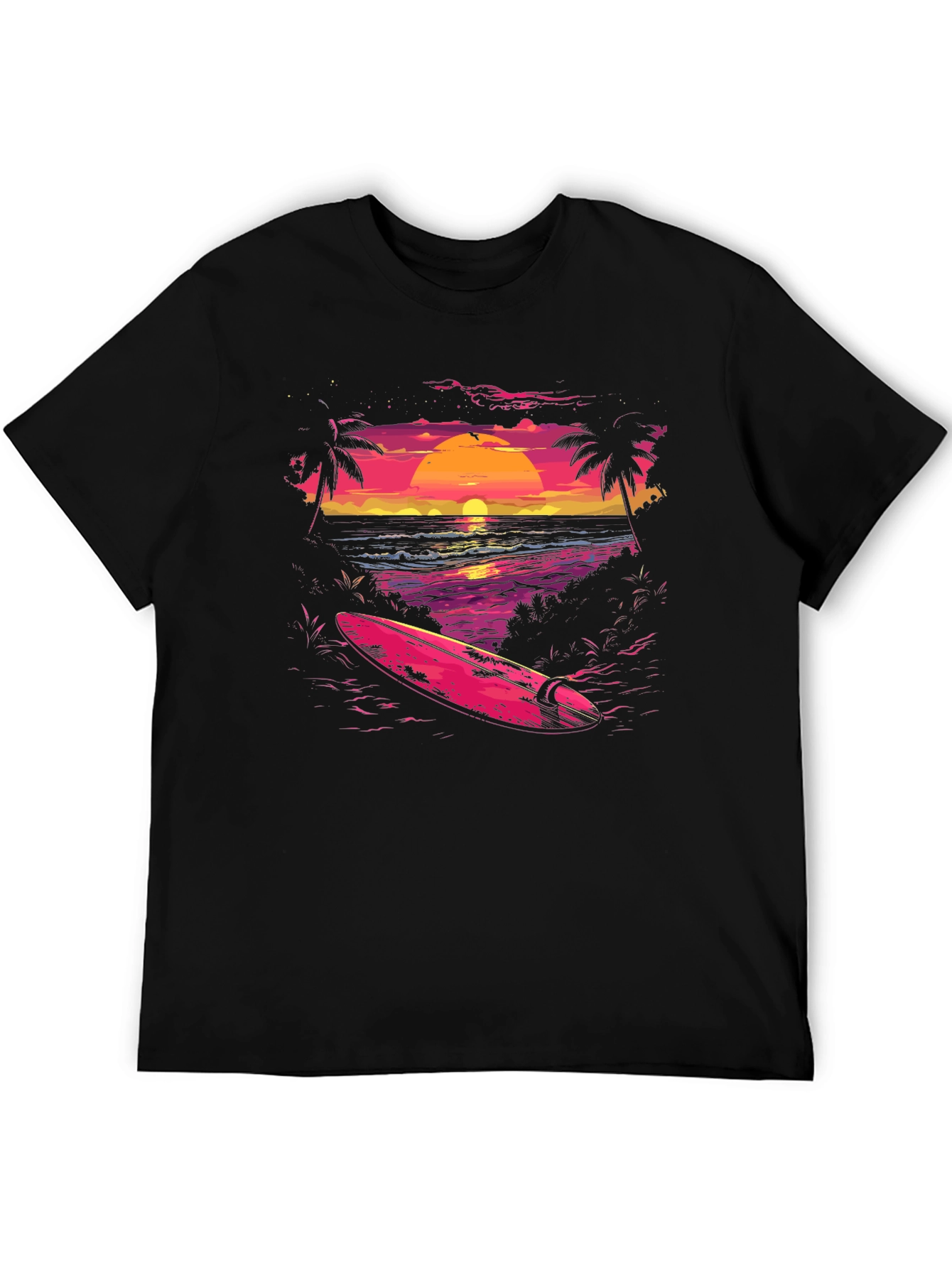 Camiseta Negra con Diseño de Atardecer Surfista