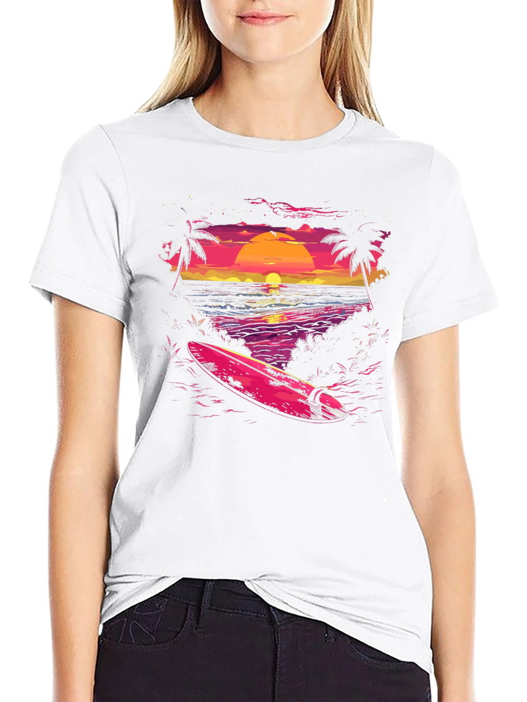Camiseta Negra con Diseño de Atardecer Surfista