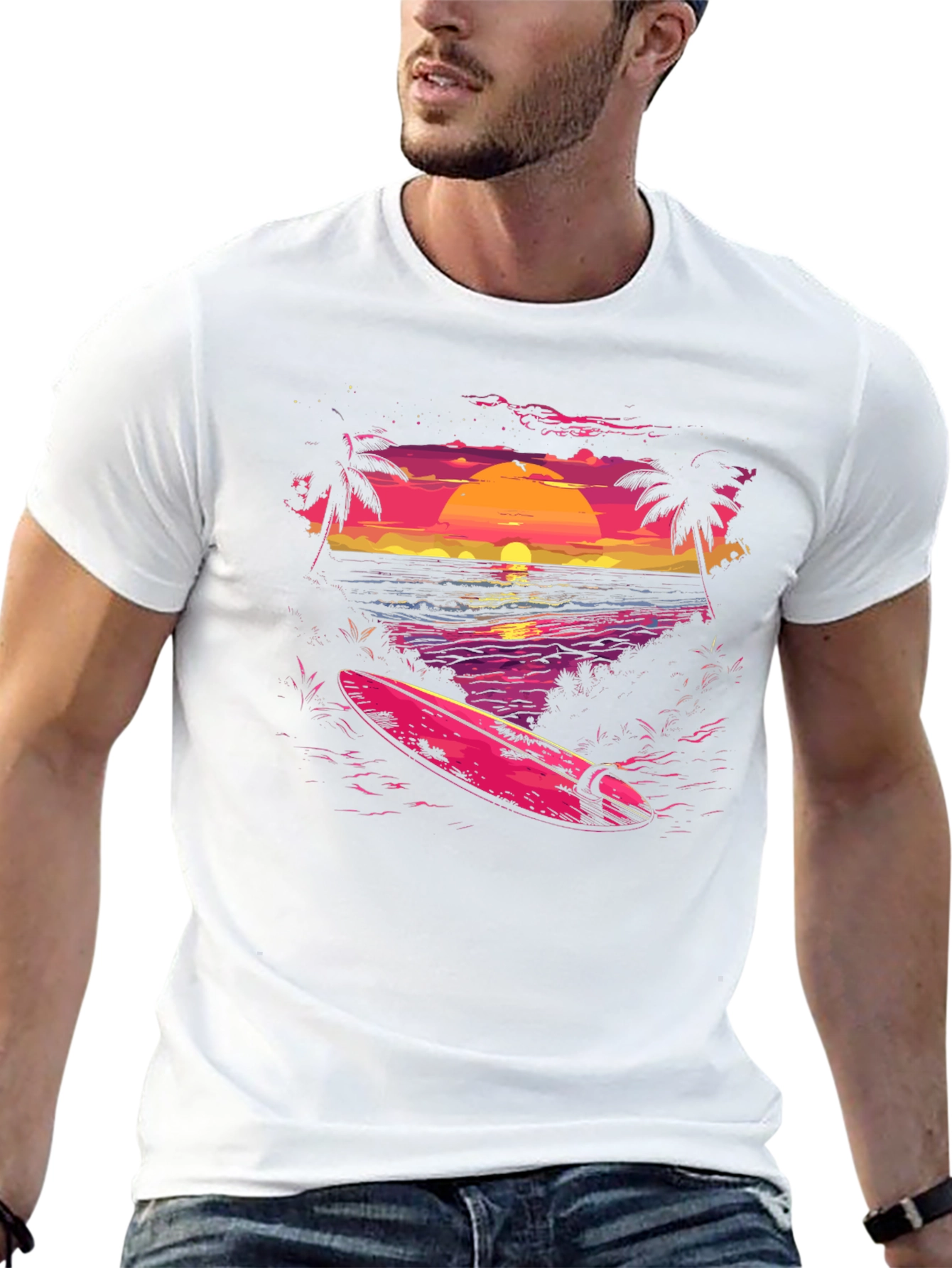 Camiseta Negra con Diseño de Atardecer Surfista