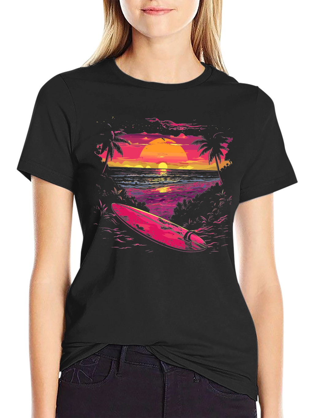 Camiseta Negra con Diseño de Atardecer Surfista