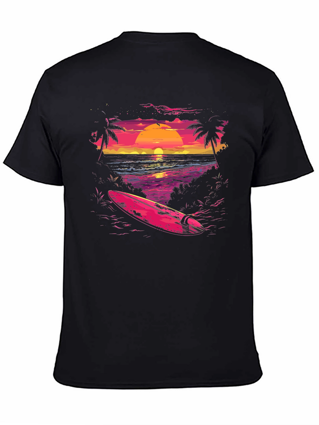 Camiseta Negra con Diseño de Atardecer Surfista