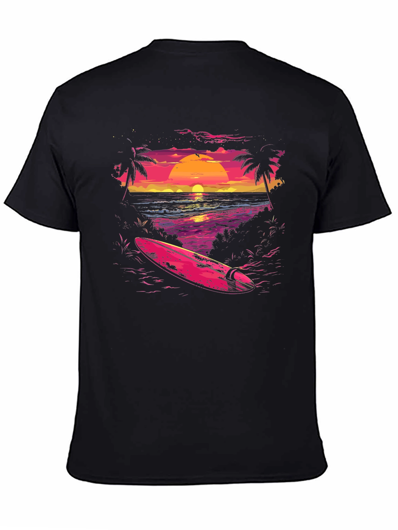 Camiseta Negra con Diseño de Atardecer Surfista