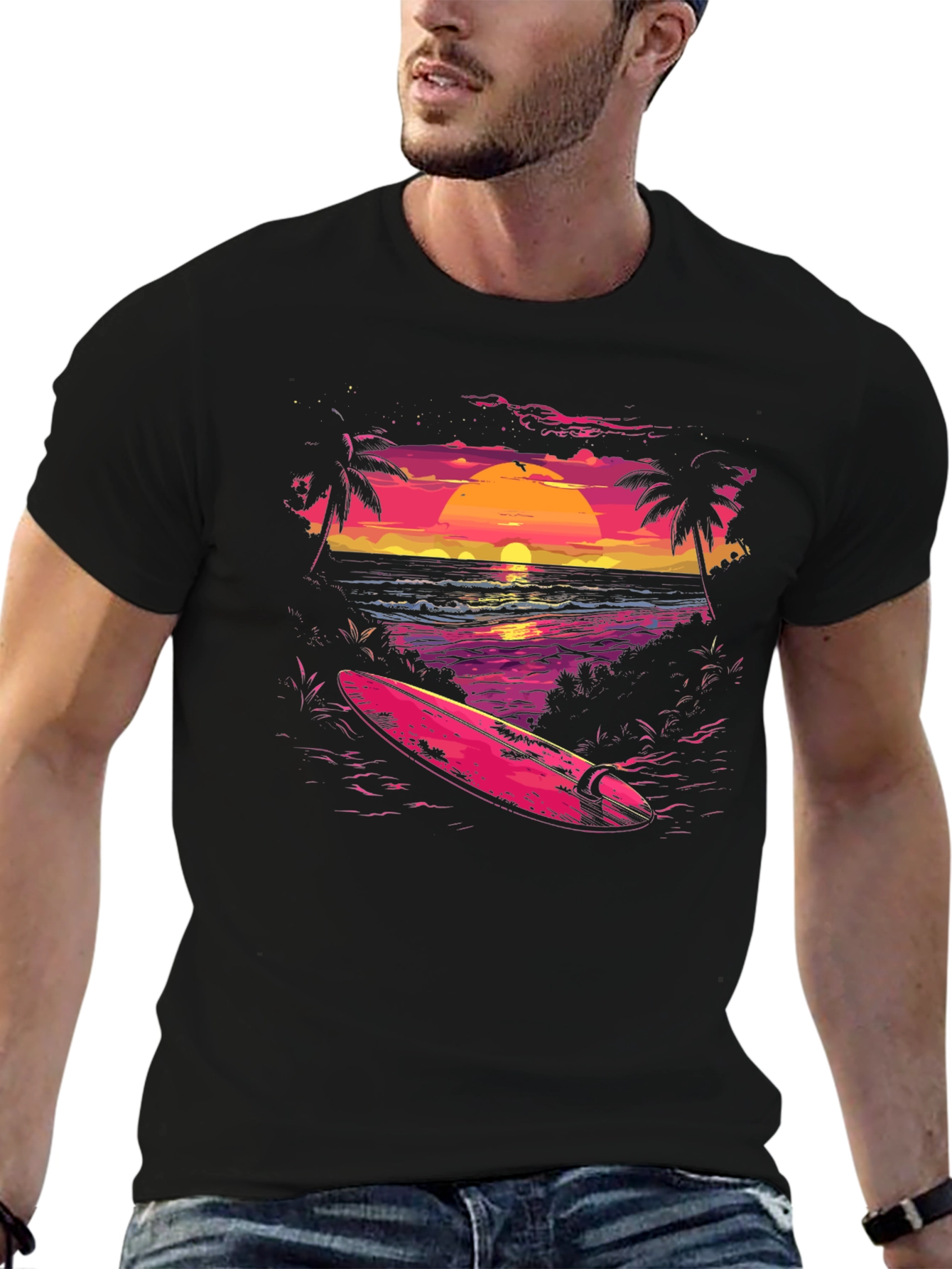 Camiseta Negra con Diseño de Atardecer Surfista