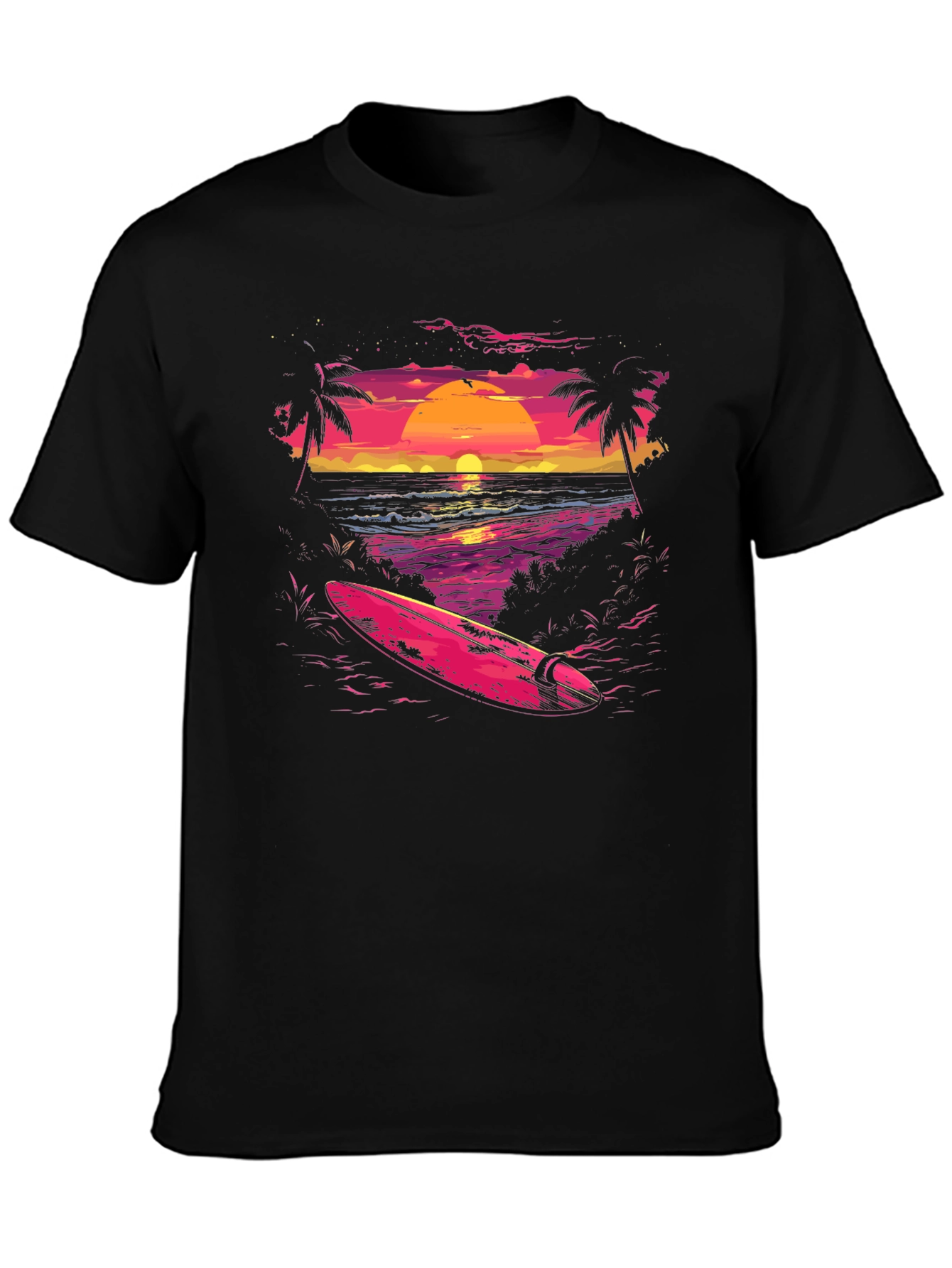 Camiseta Negra con Diseño de Atardecer Surfista