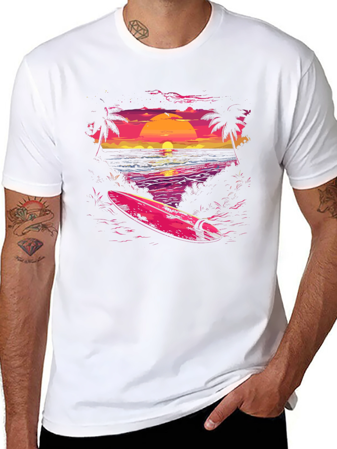 Camiseta Negra con Diseño de Atardecer Surfista