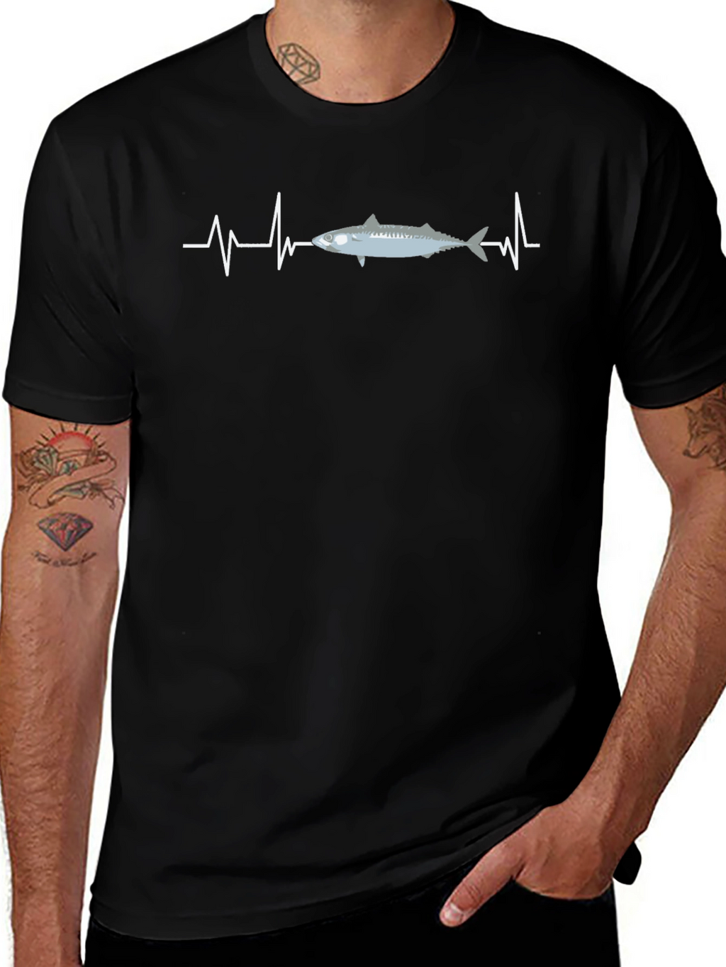 Camiseta Hombre Negra Diseño Peces y Latido