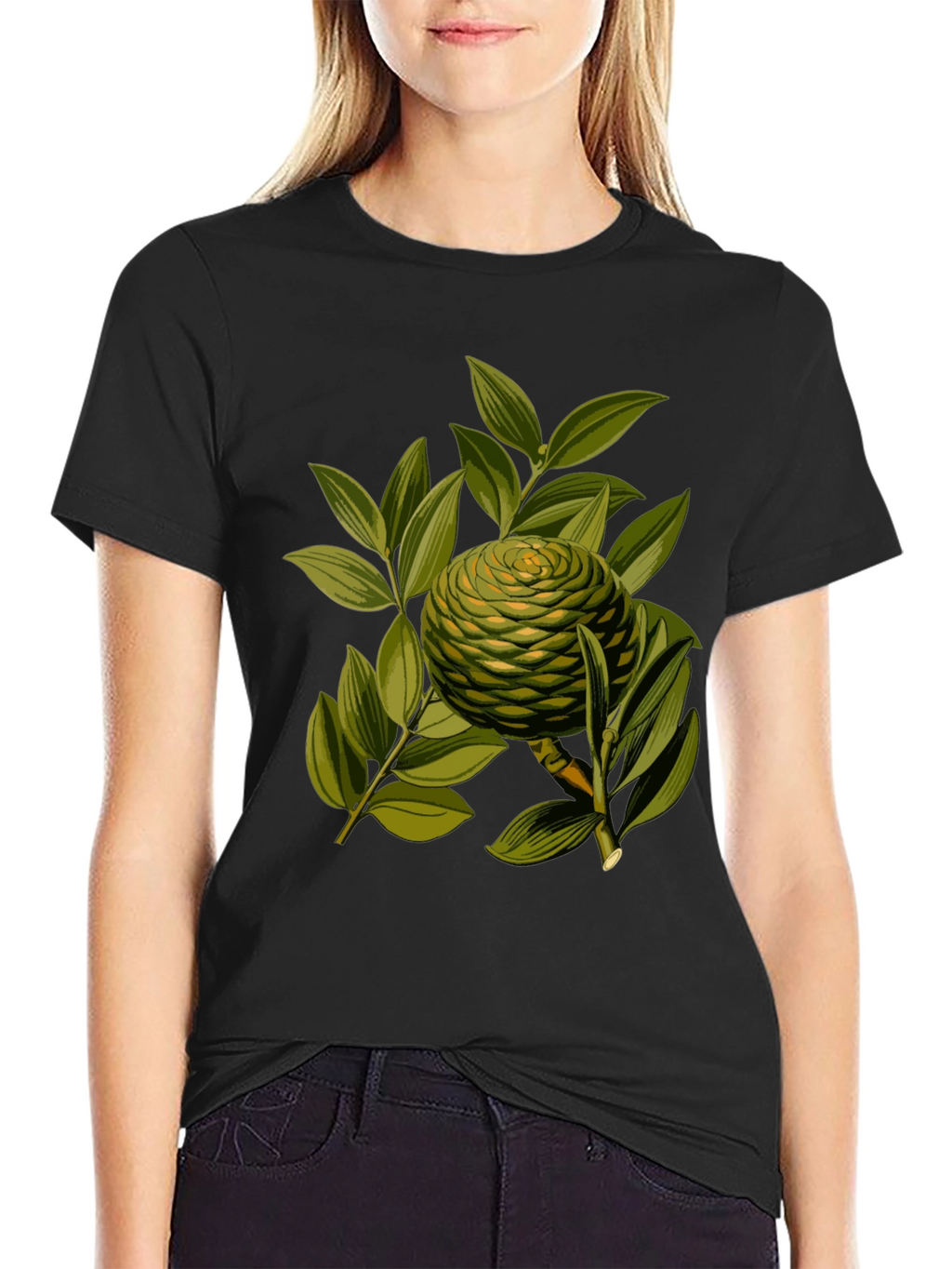 Camiseta Negra con Diseño Botánico Exótico