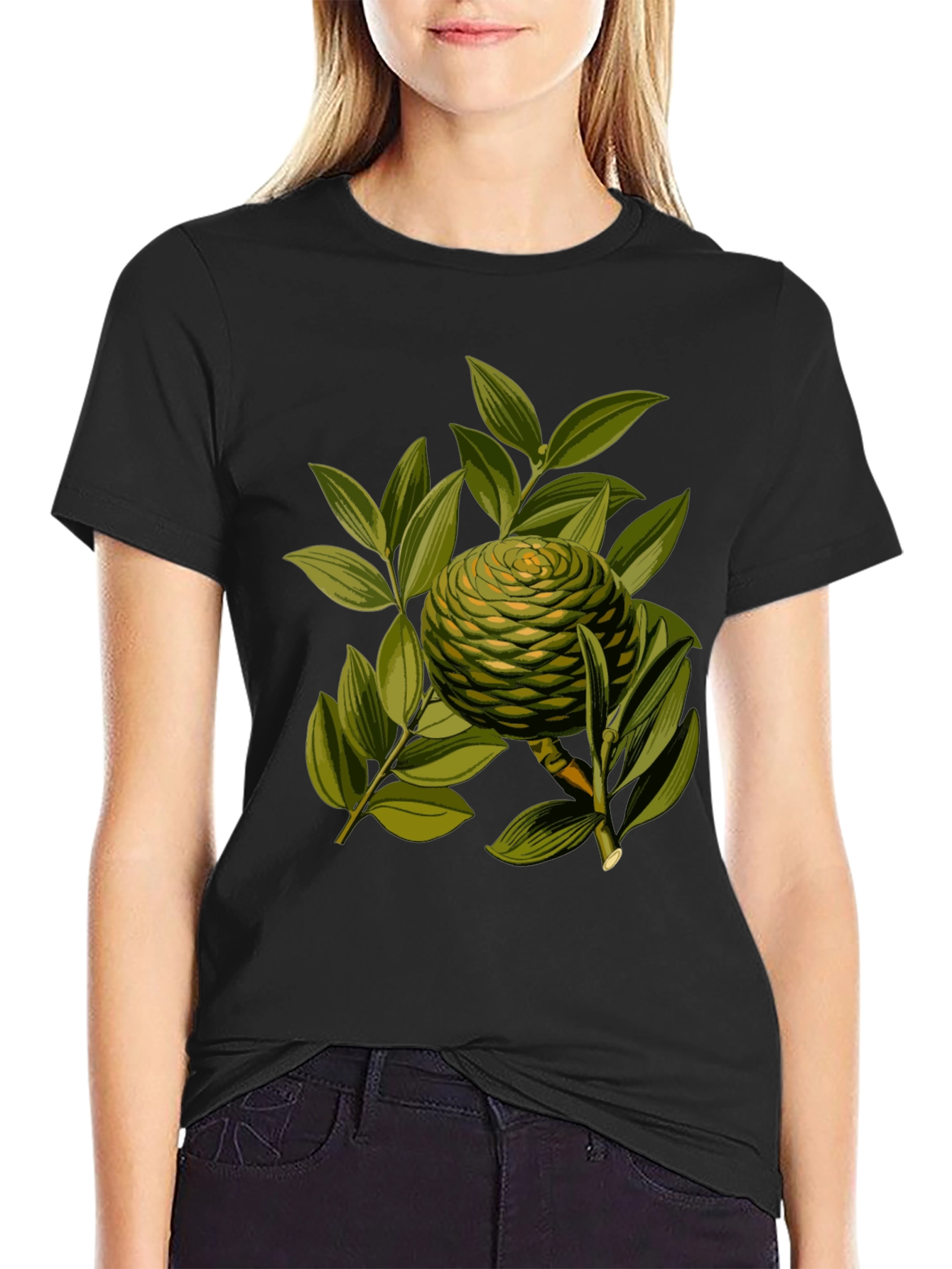 Camiseta Negra con Diseño Botánico Exótico