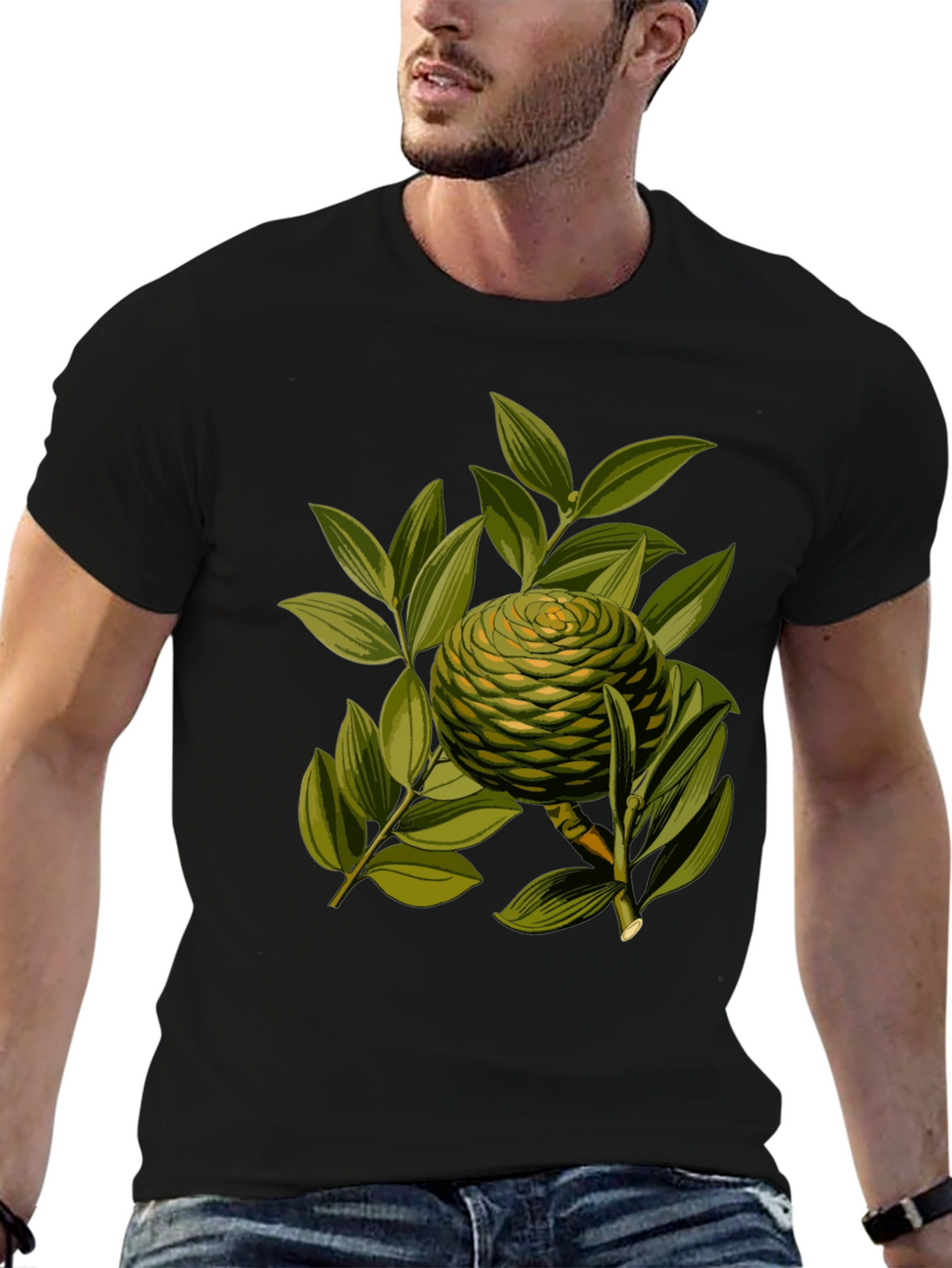 Camiseta Negra con Diseño Botánico Exótico