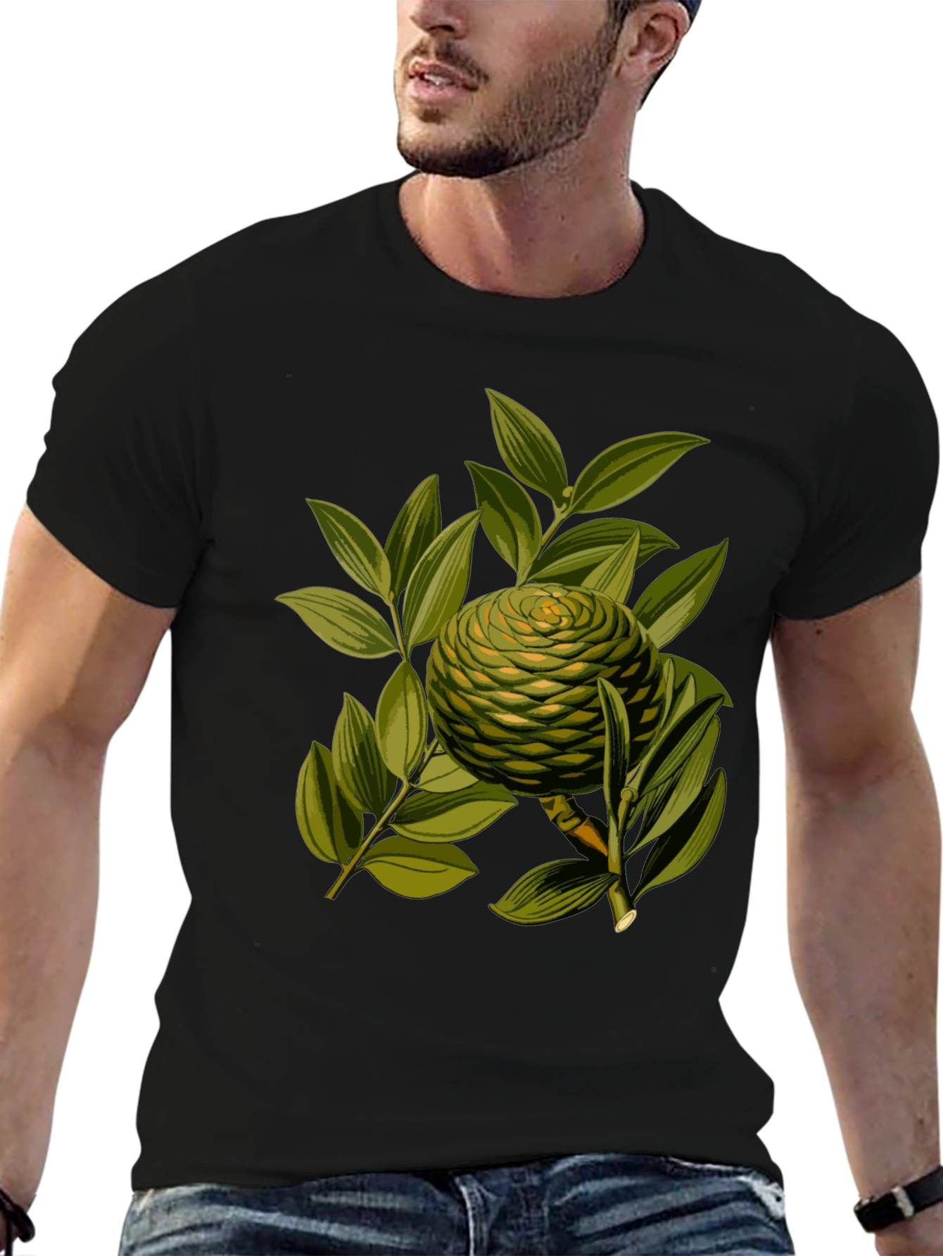 Camiseta Negra con Diseño Botánico Exótico