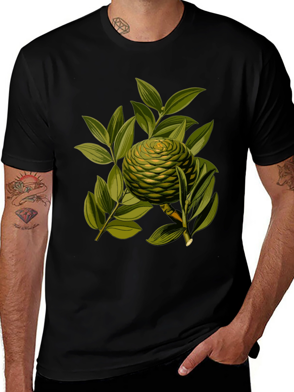 Camiseta Negra con Diseño Botánico Exótico