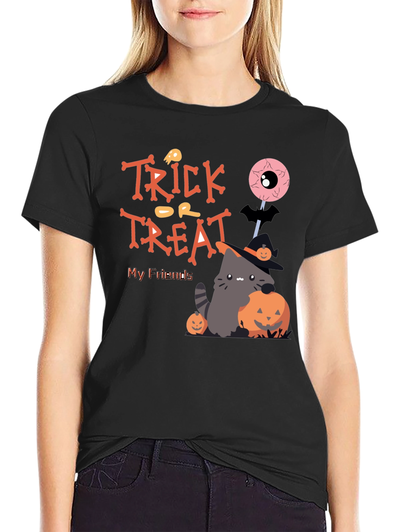 Camiseta Halloween Trick or Treat Gato Amigos