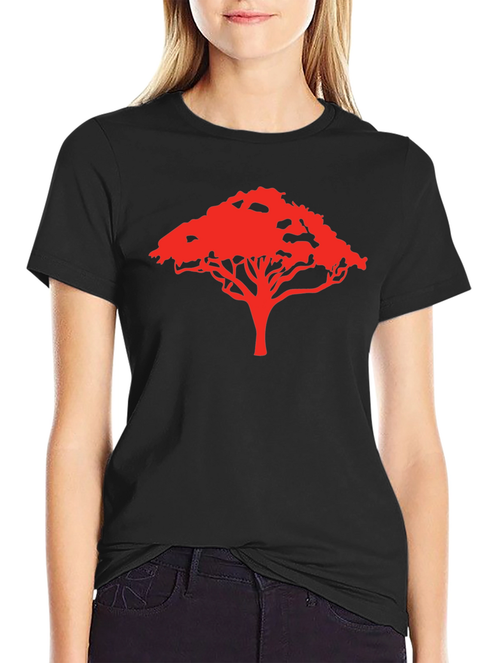 Camiseta Negra con Diseño de Árbol Rojo
