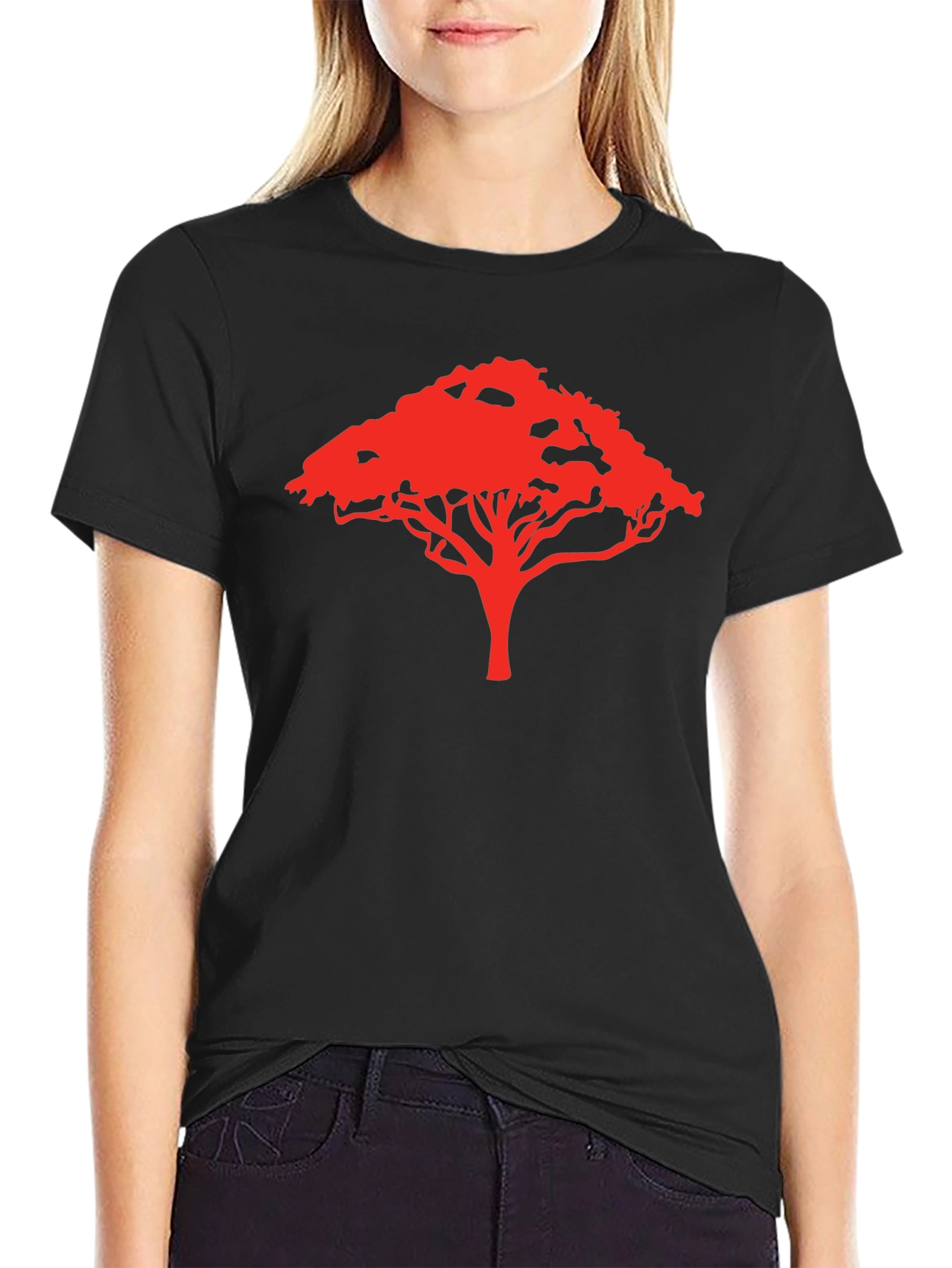 Camiseta Negra con Diseño de Árbol Rojo
