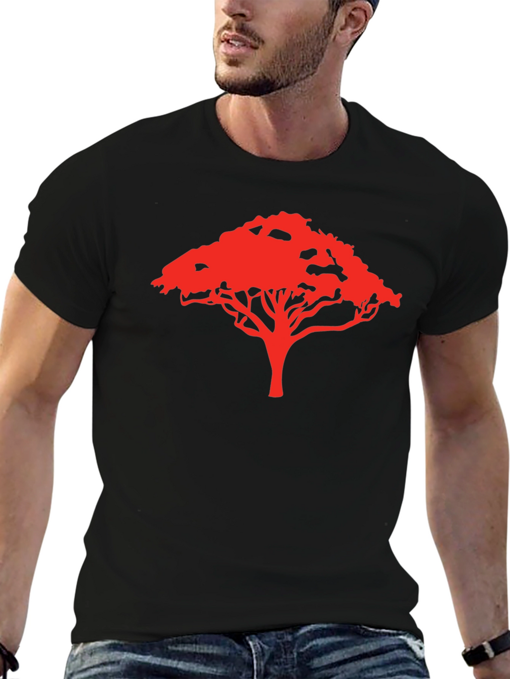 Camiseta Negra con Diseño de Árbol Rojo
