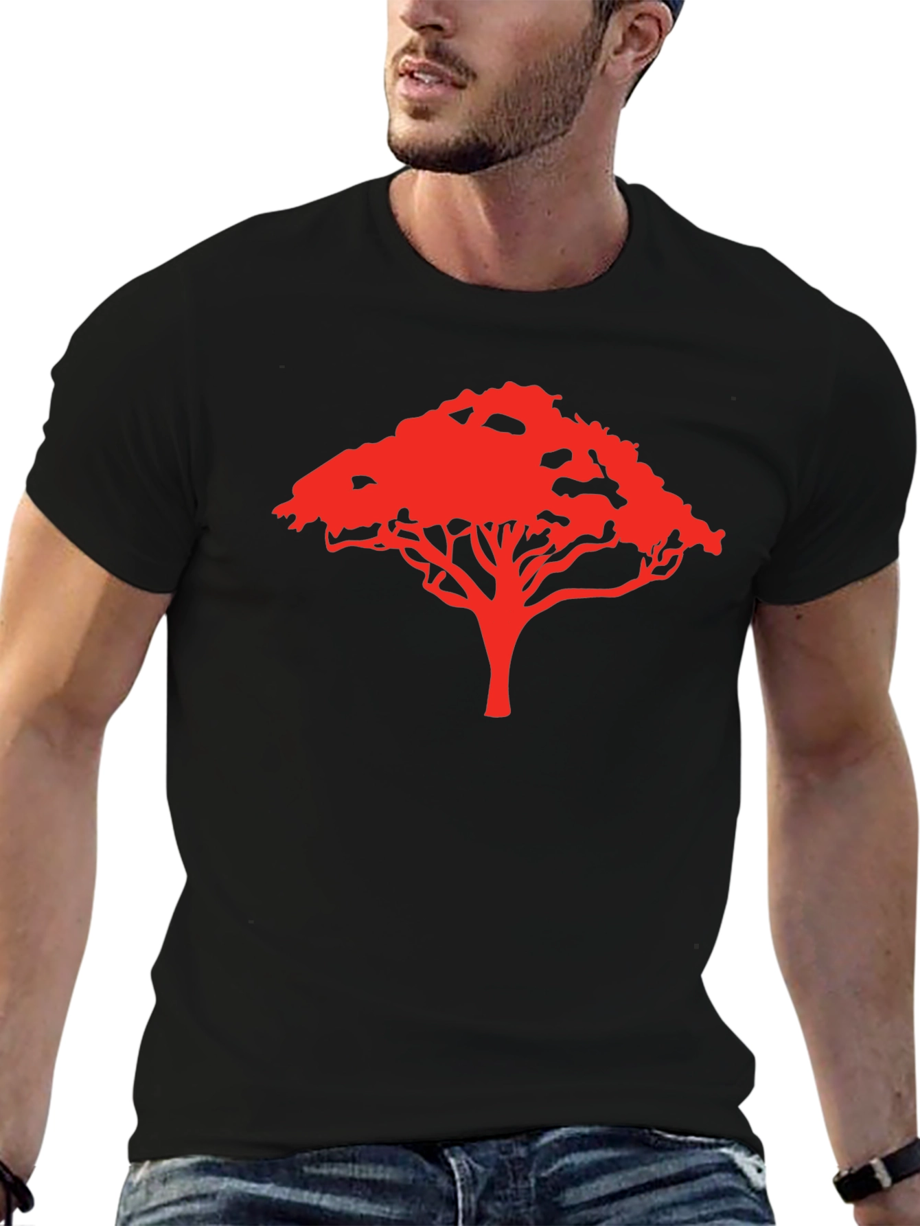 Camiseta Negra con Diseño de Árbol Rojo