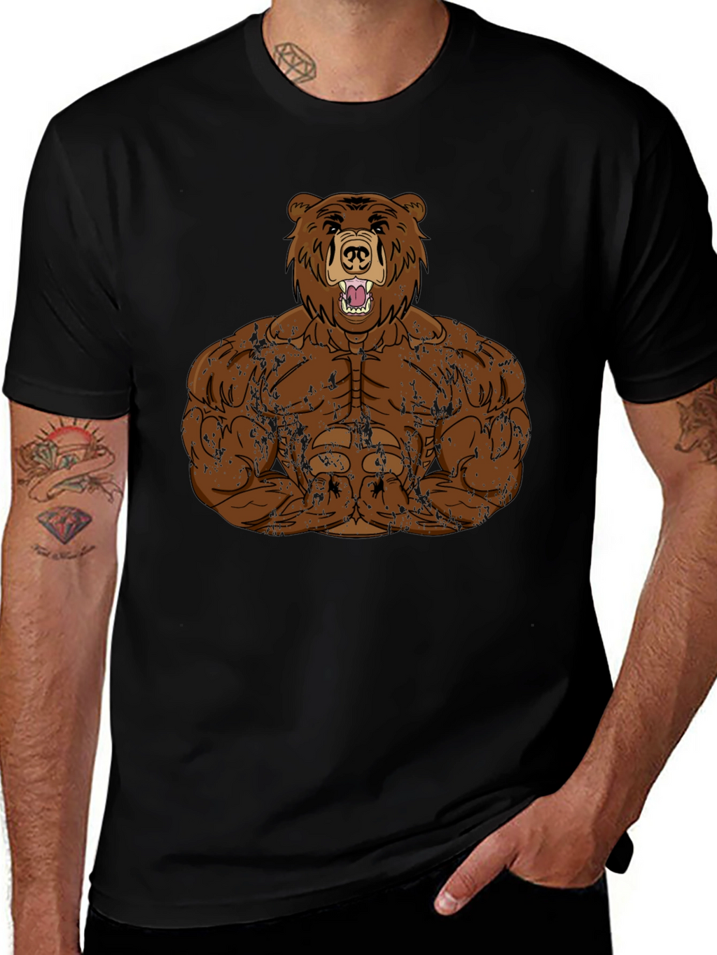 Camiseta Hombre Negra Diseño Oso Musculoso