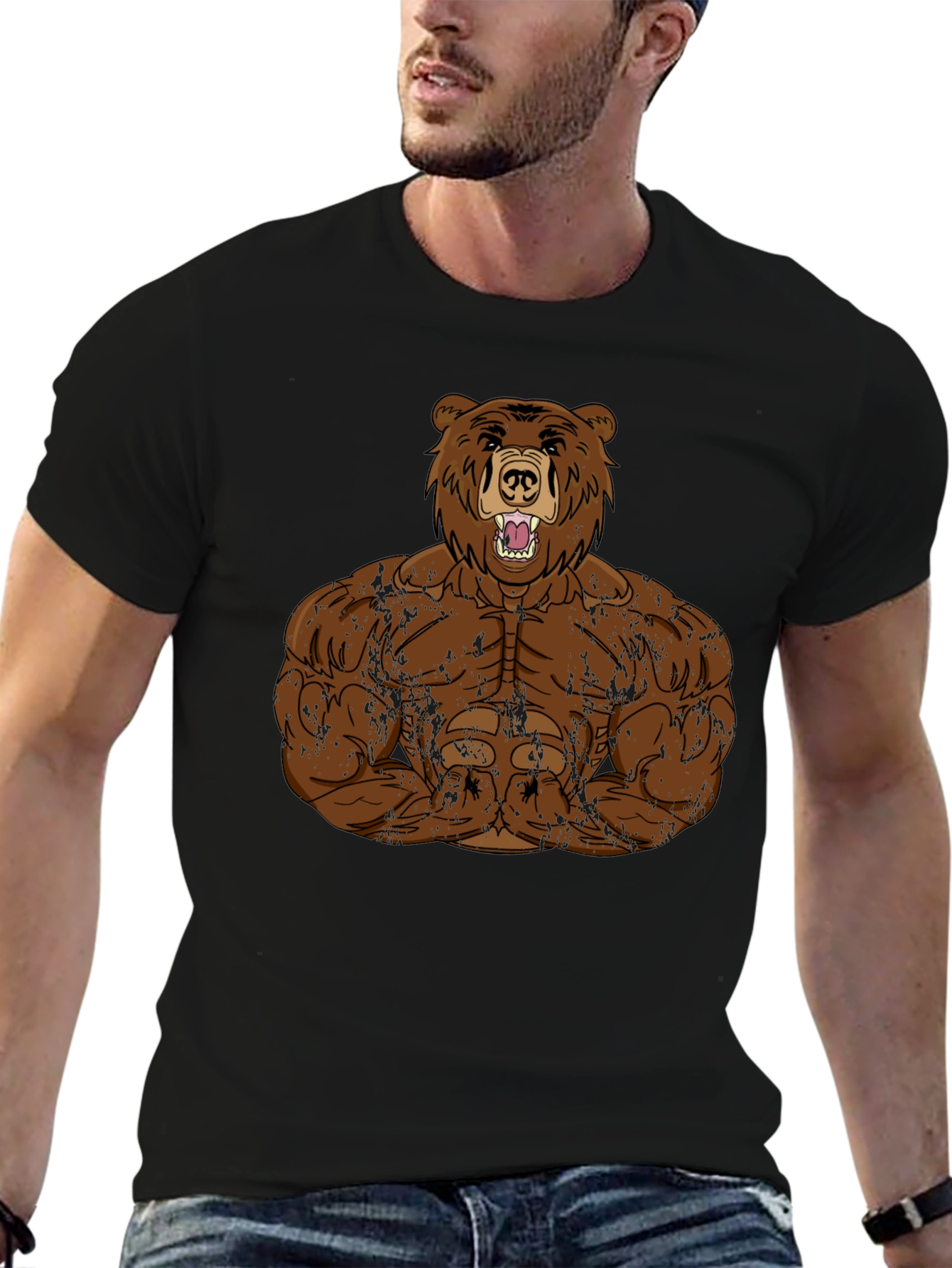 Camiseta Hombre Negra Diseño Oso Musculoso