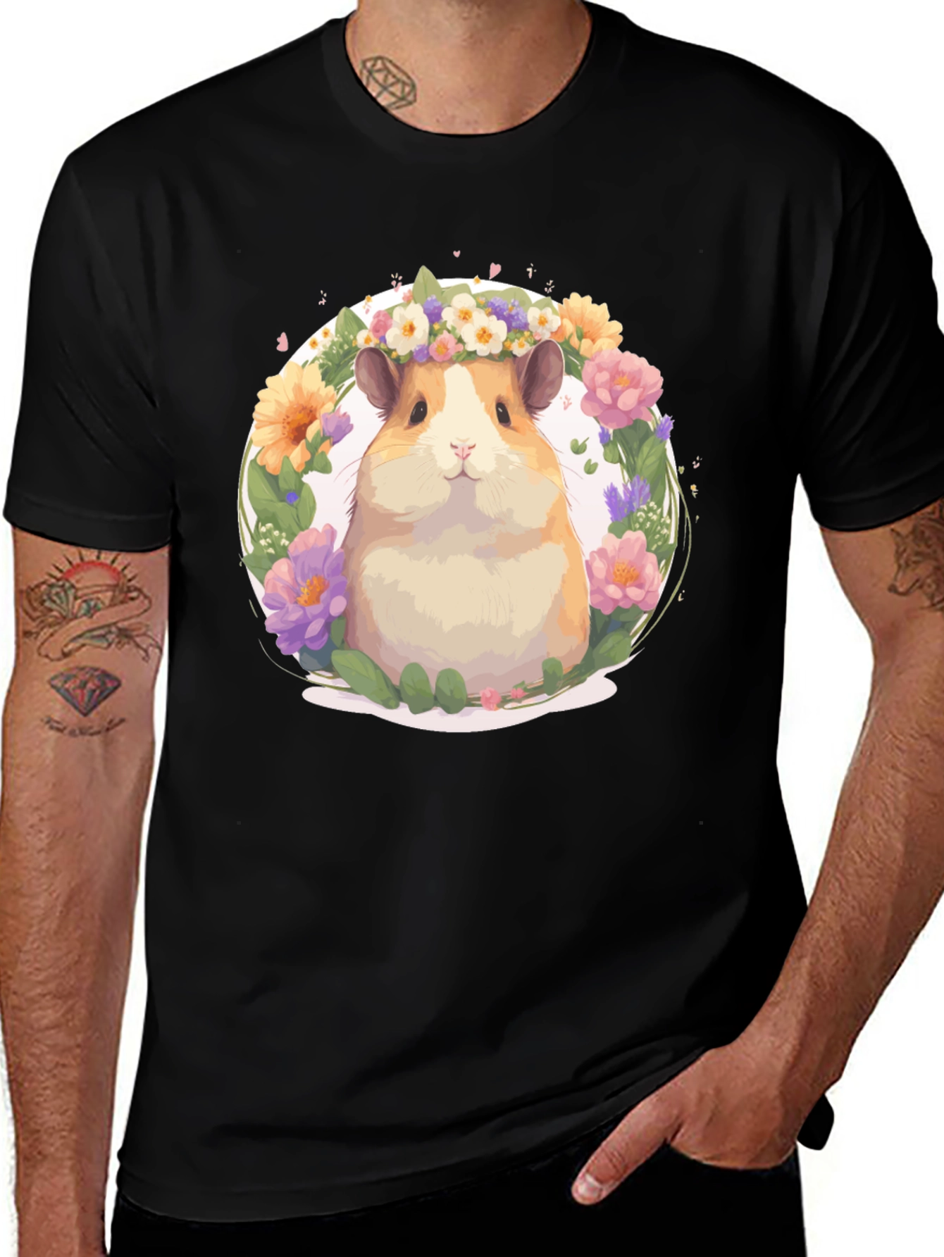 Camiseta Negra con Diseño de Hámster Floral