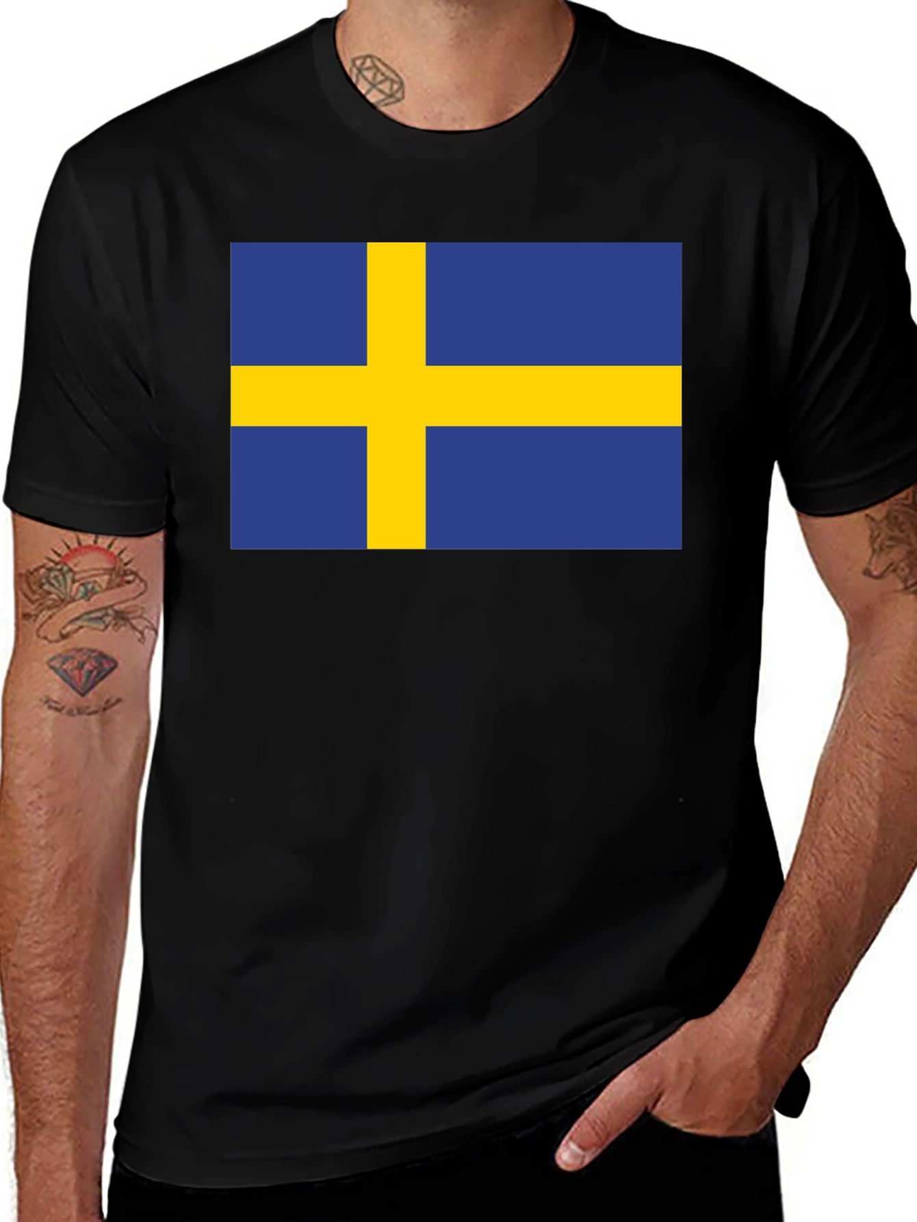Camiseta Negra Bandera Suecia Estampada Hombre Casual