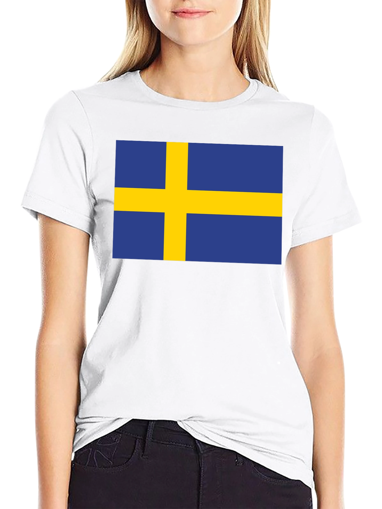 Camiseta Negra Bandera Suecia Estampada Hombre Casual