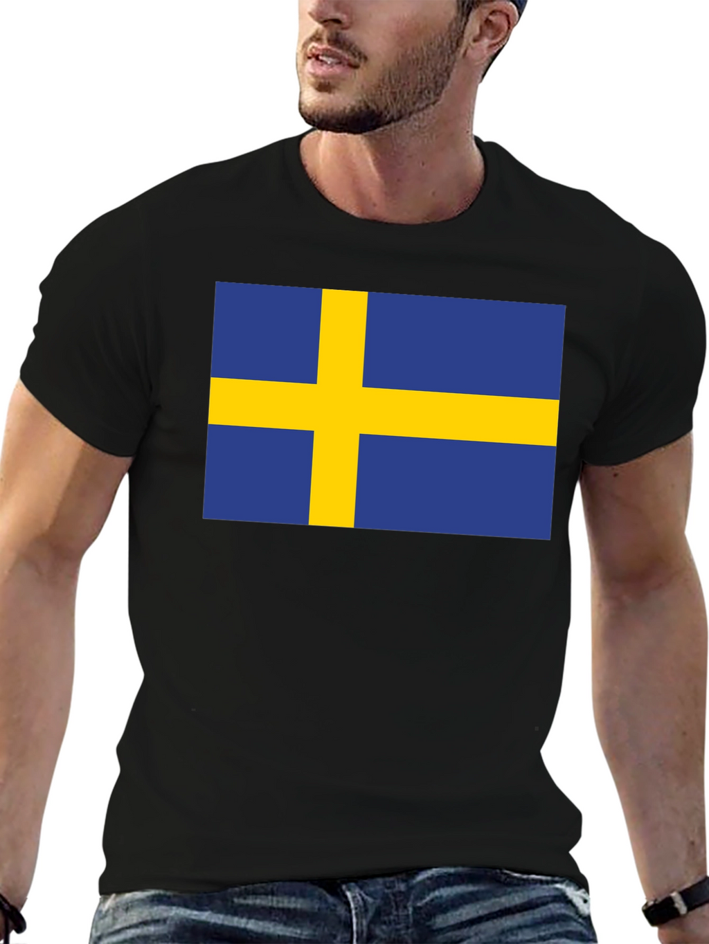 Camiseta Negra Bandera Suecia Estampada Hombre Casual
