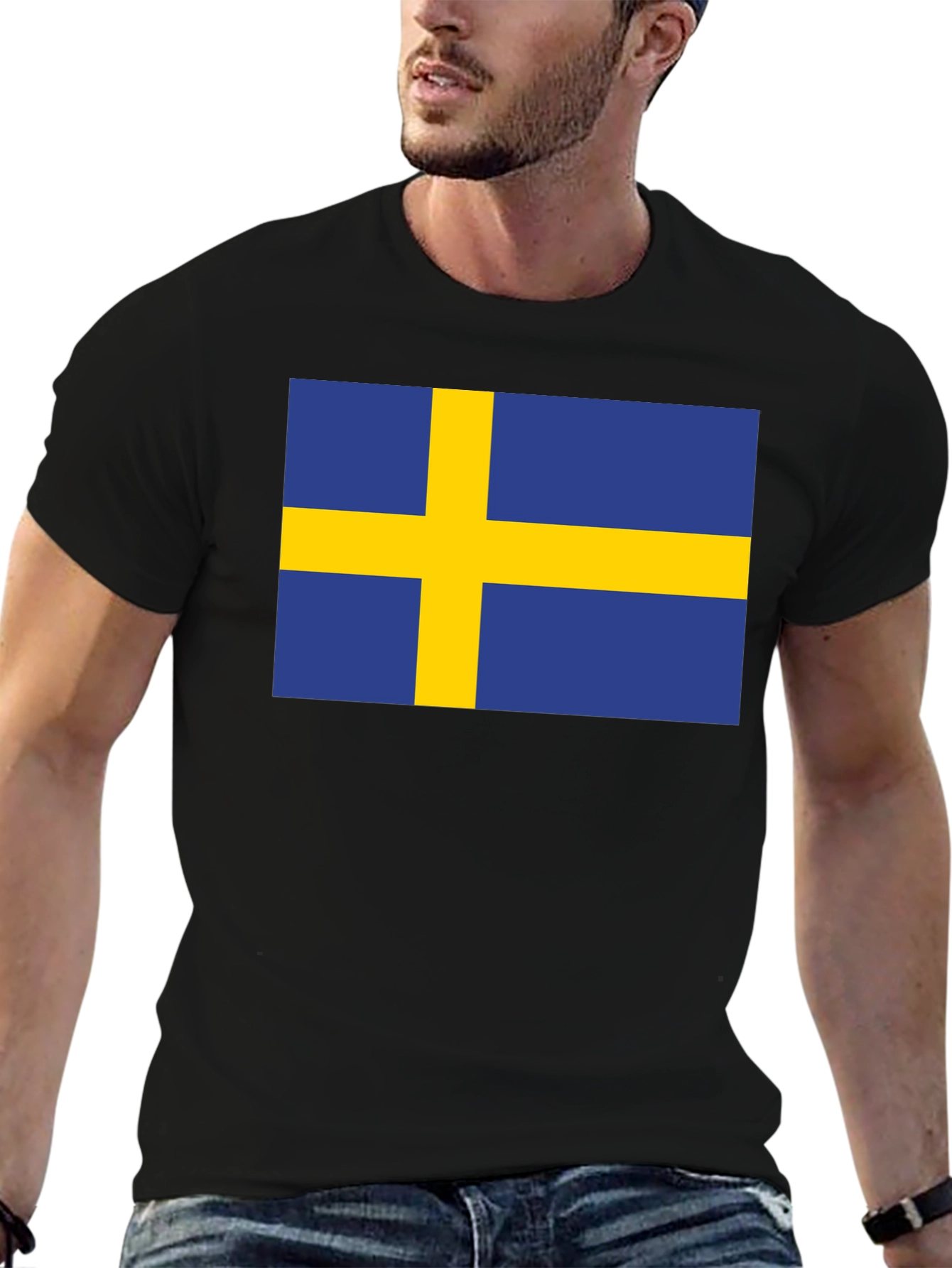 Camiseta Negra Bandera Suecia Estampada Hombre Casual