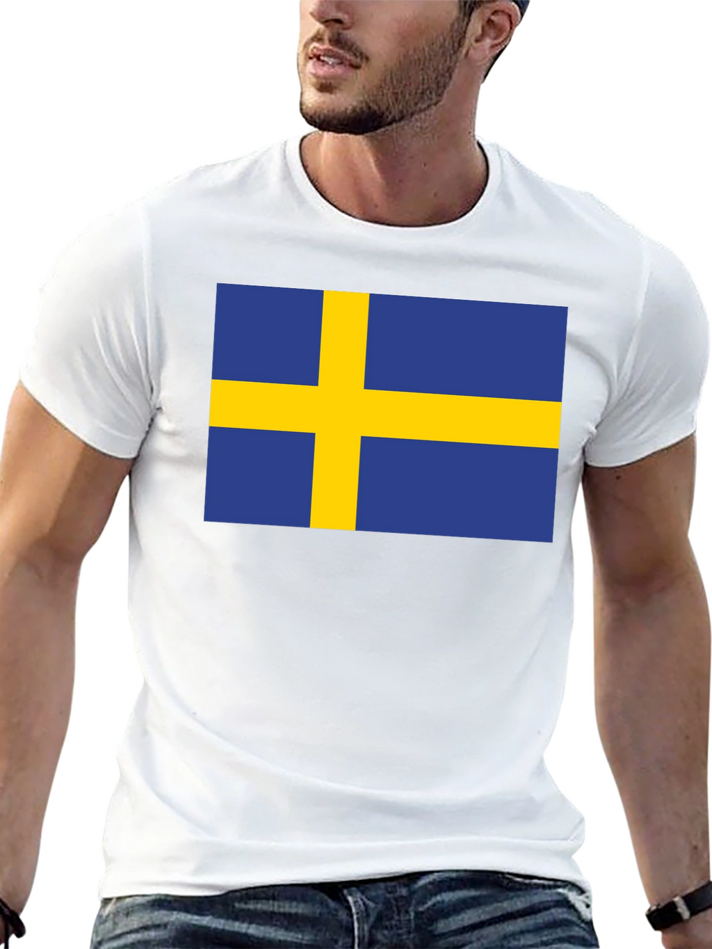 Camiseta Negra Bandera Suecia Estampada Hombre Casual