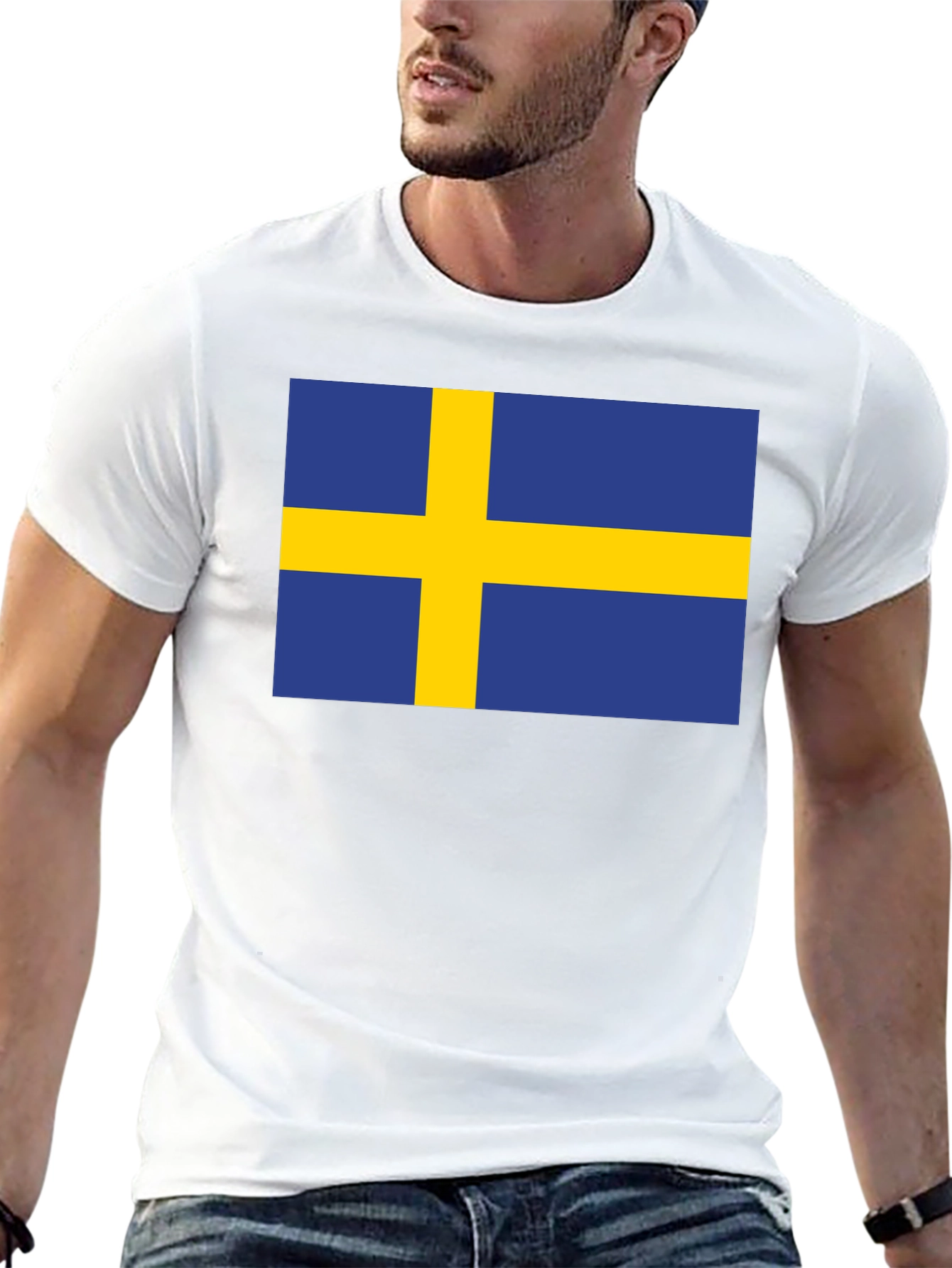 Camiseta Negra Bandera Suecia Estampada Hombre Casual