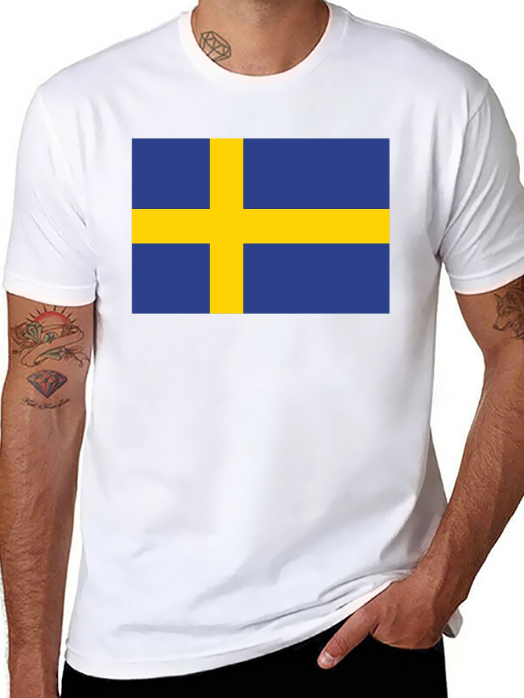 Camiseta Negra Bandera Suecia Estampada Hombre Casual