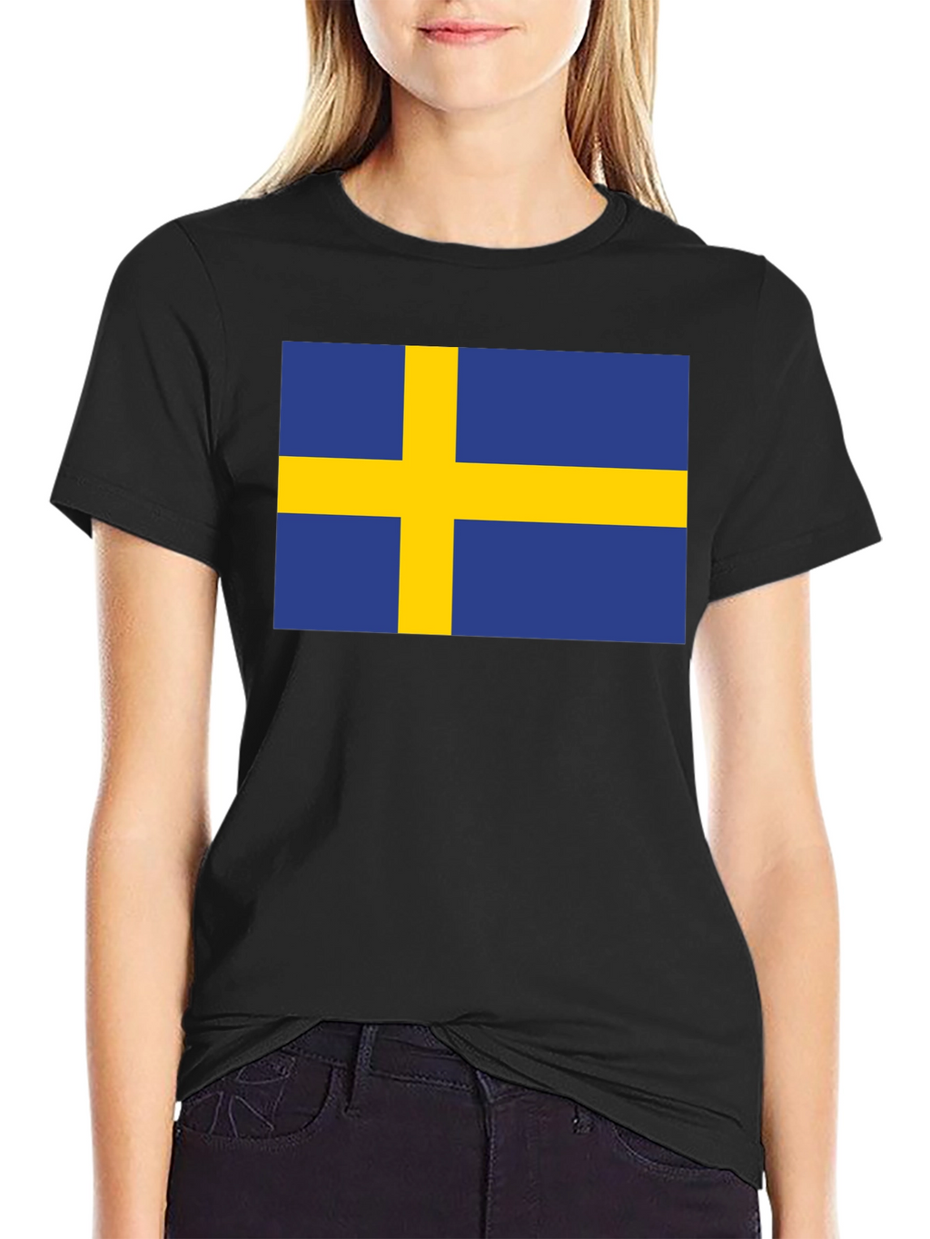 Camiseta Negra Bandera Suecia Estampada Hombre Casual