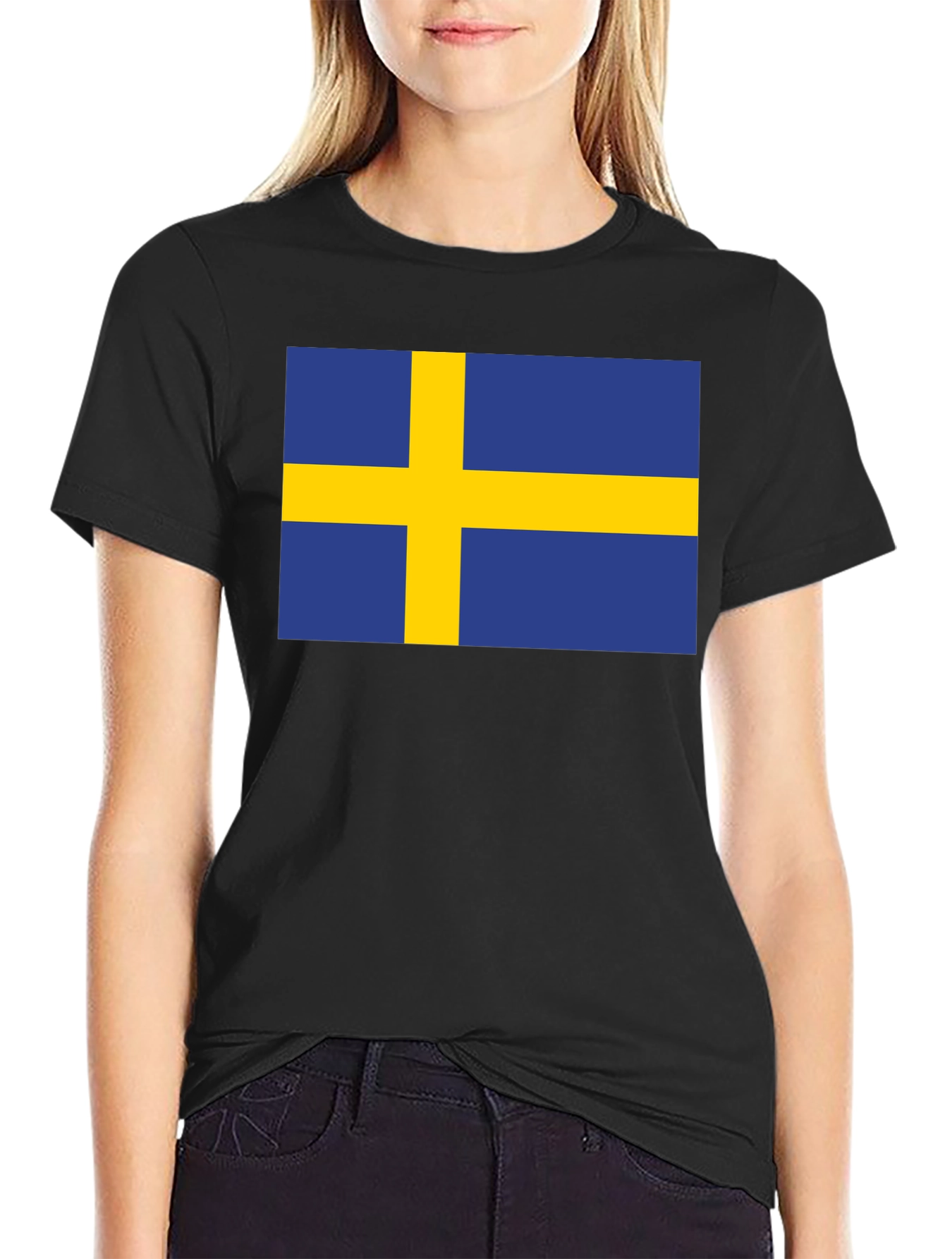 Camiseta Negra Bandera Suecia Estampada Hombre Casual