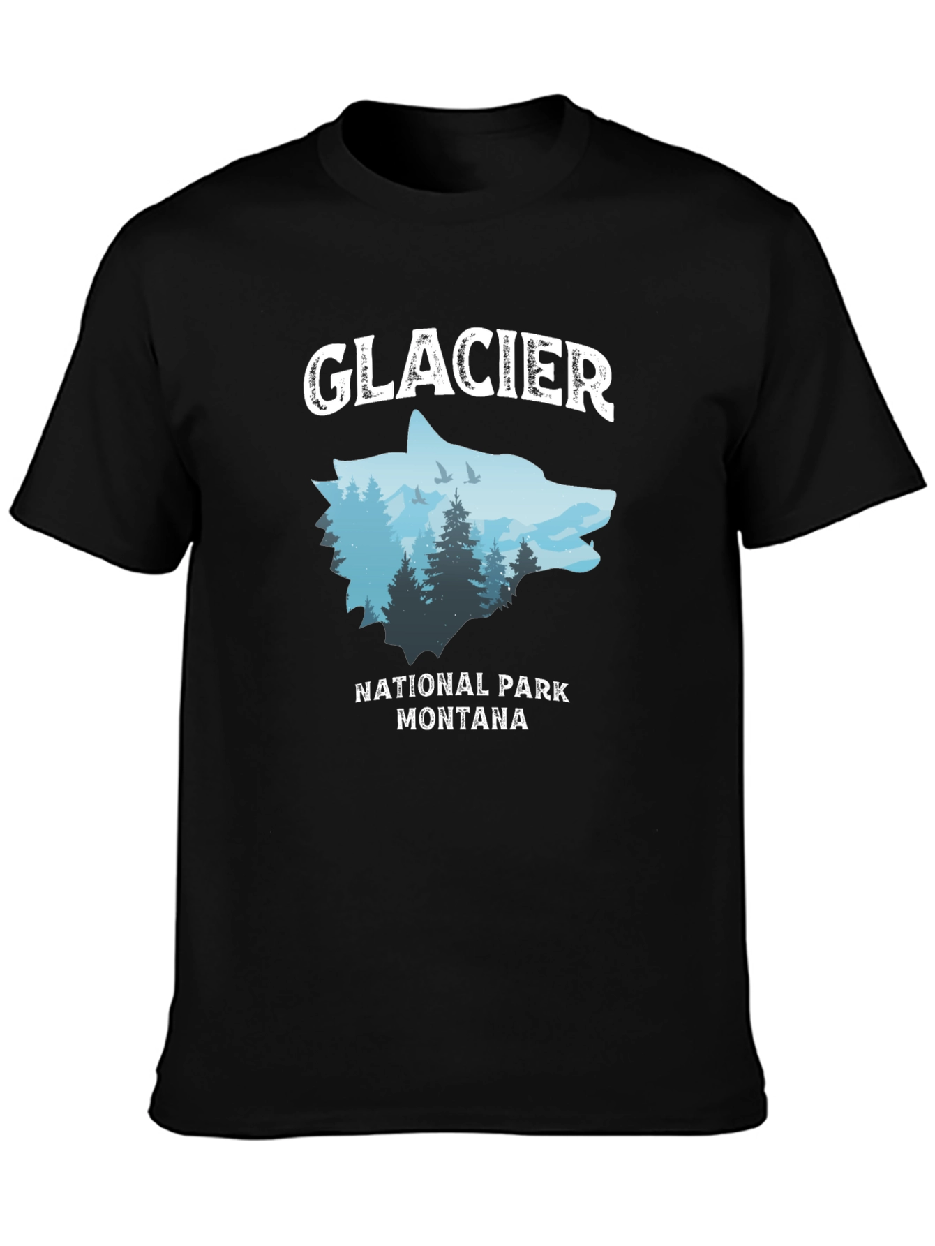 Camiseta Negra con Diseño de Lobo y Montañas