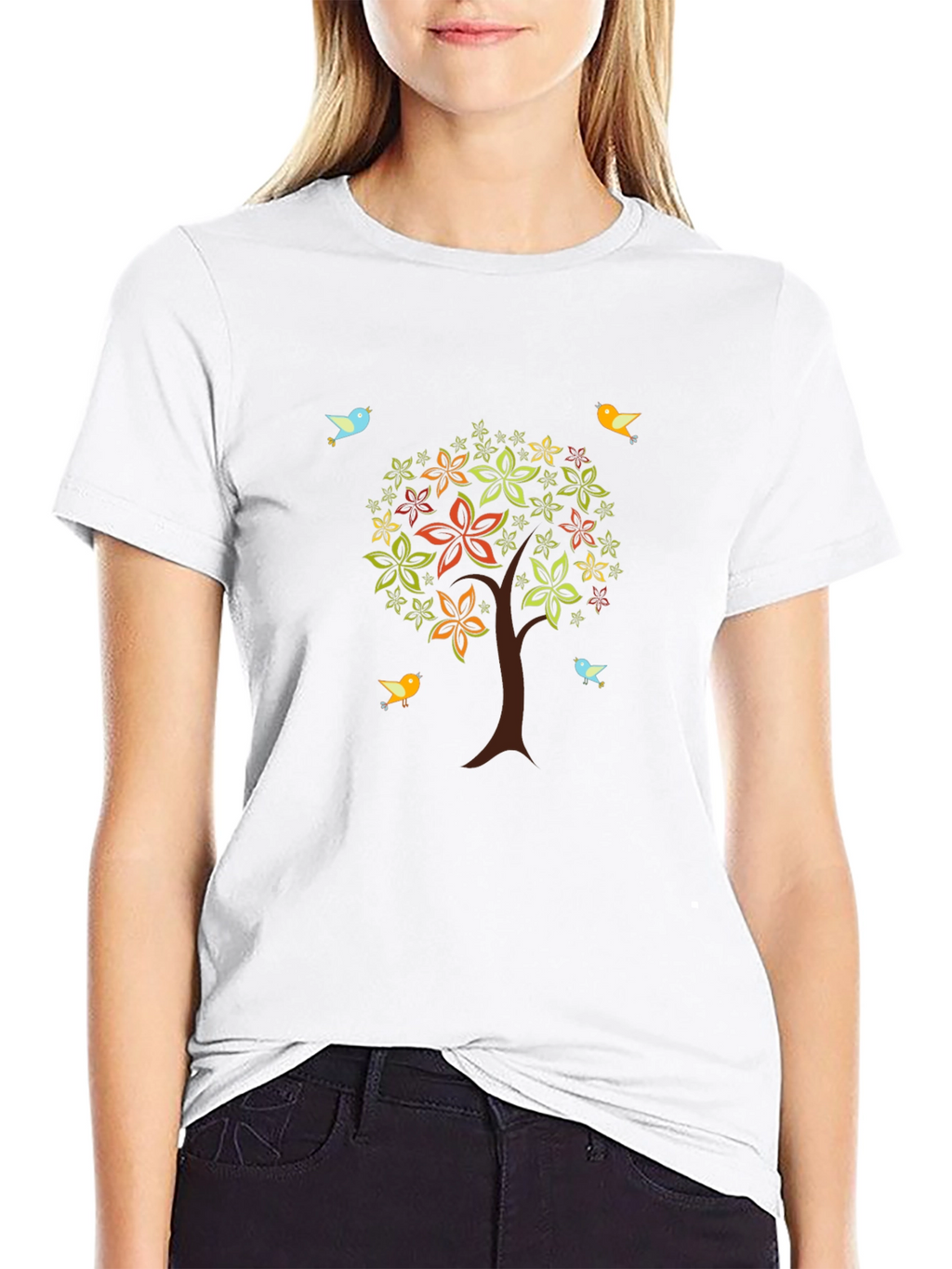 Camiseta Negra Árbol Floral y Aves
