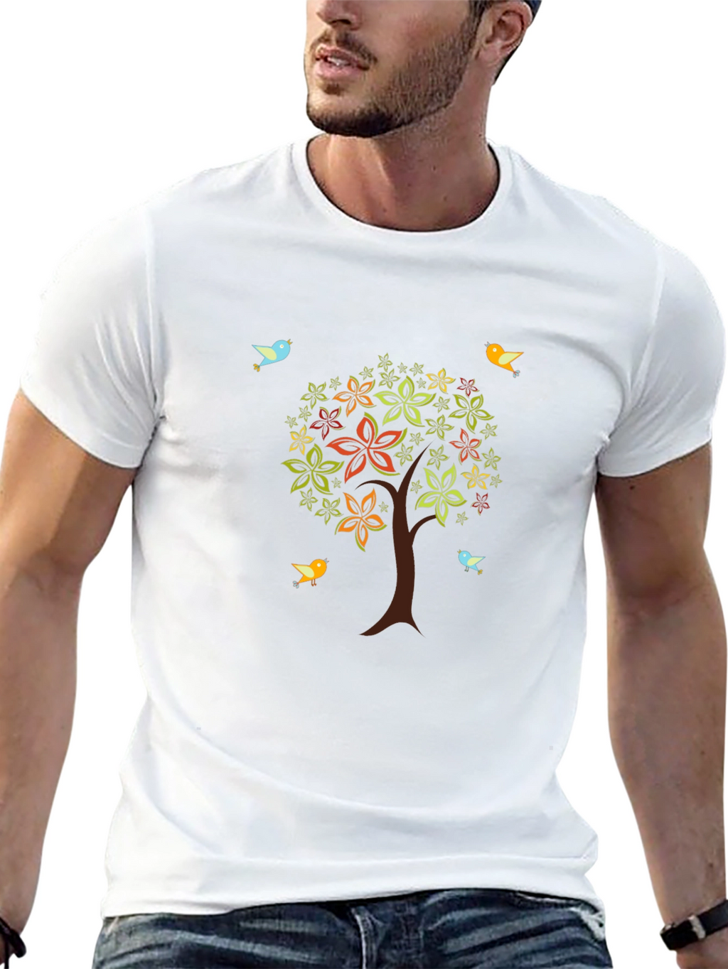 Camiseta Negra Árbol Floral y Aves